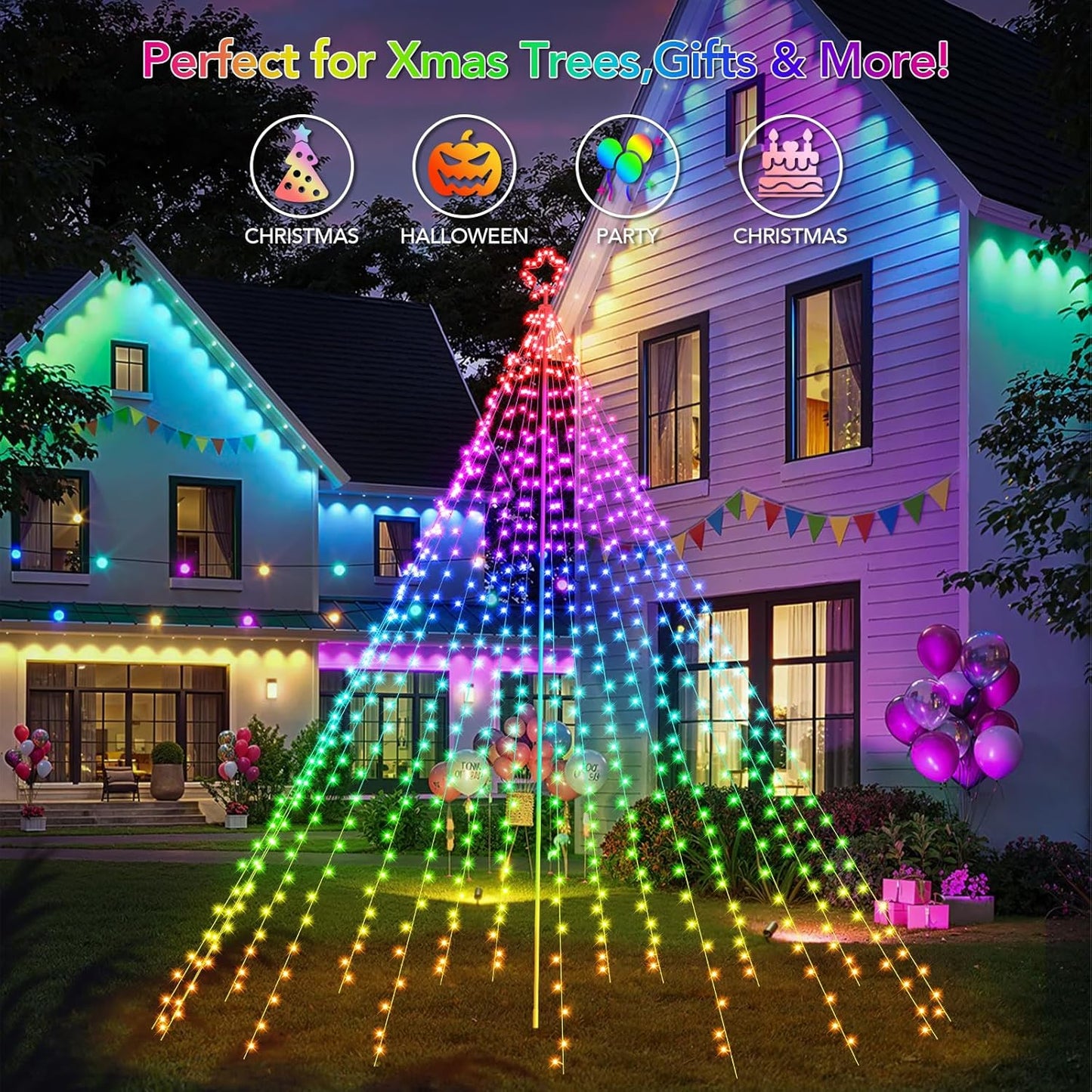 Smart Christmas Tree Lights LED, Remote & App Control Waterproof, Multiple Scene Modes Waterfall Lights w/ Pole