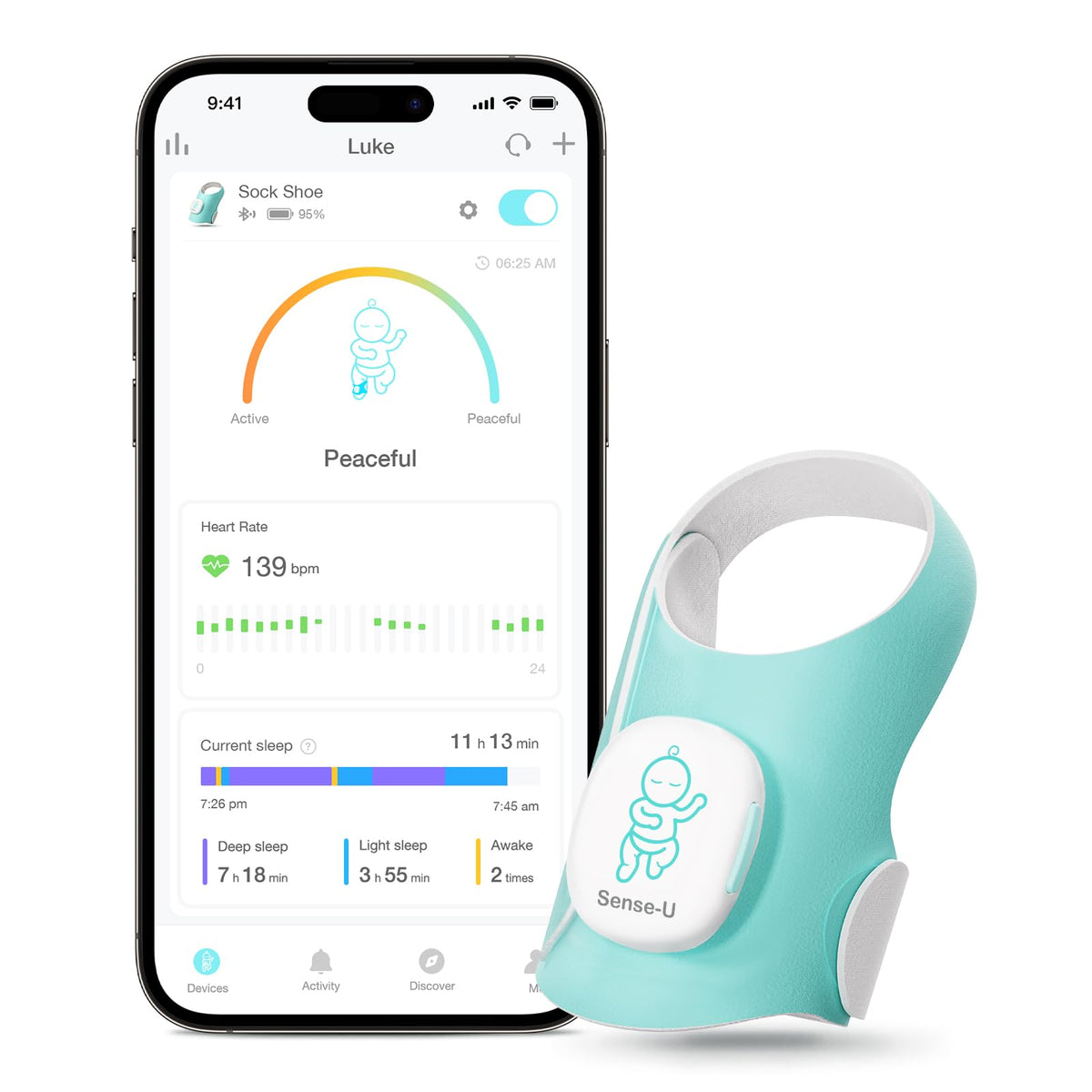 Sense-U Baby Sleep Sock Monitor - Tracks Sleep and Movement for Infants, Wearable Foot Monitor Smart Sock with Bluetooth and App, for Babies 1-12 Months