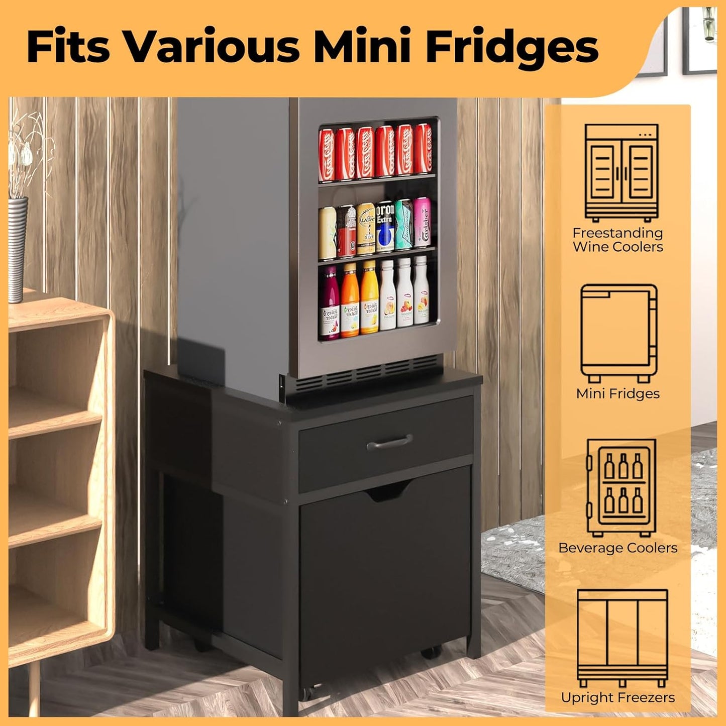 Mini Fridge Stand with Storage Sturdy 21.7'x21.9', Metal Frame, with 360° Universal Wheels and Adjustable Feet