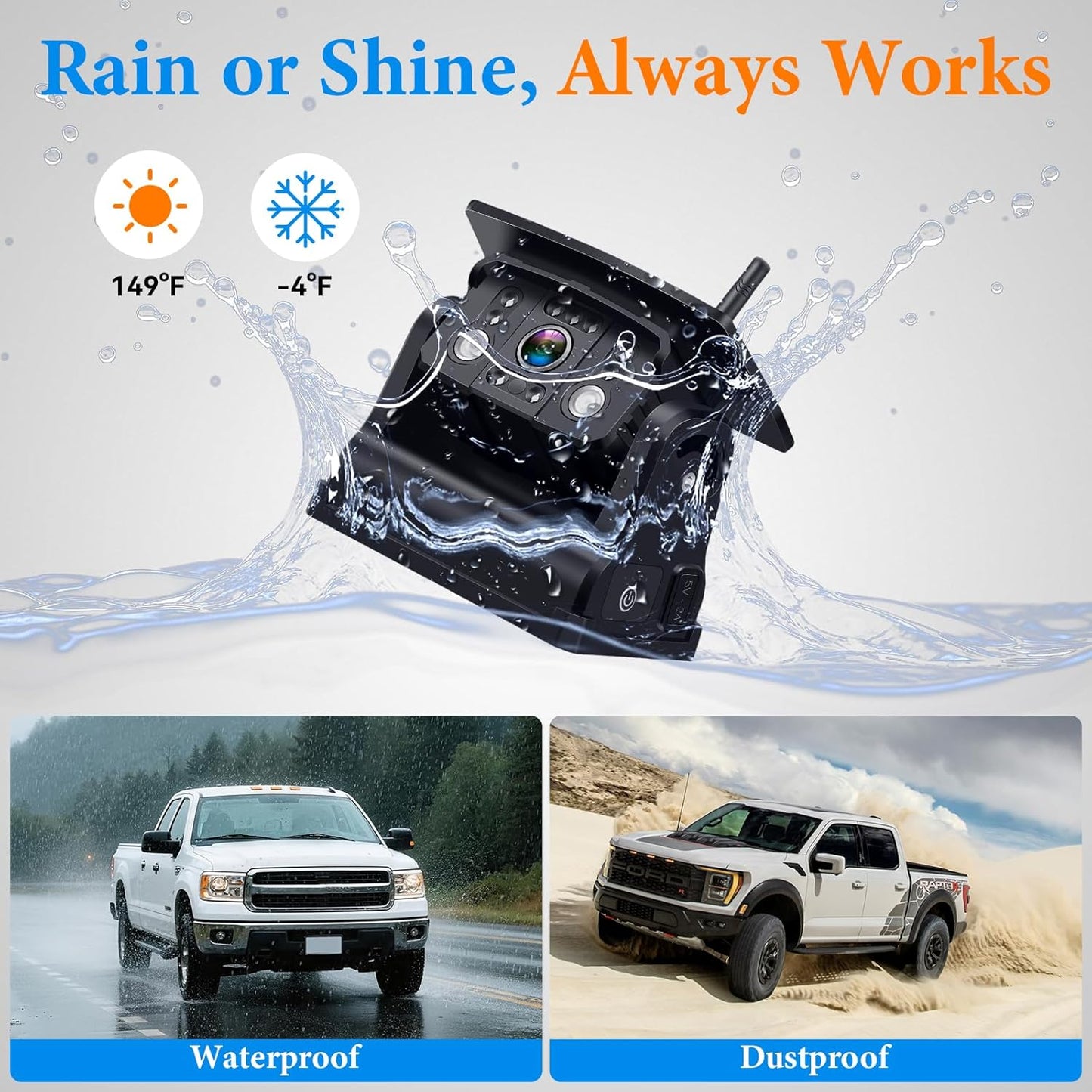 Magnetic No Wiring Trailer Hitch Solar Backup Camera for Pickup Trucks, IR Night Vision, IP69K Waterproof