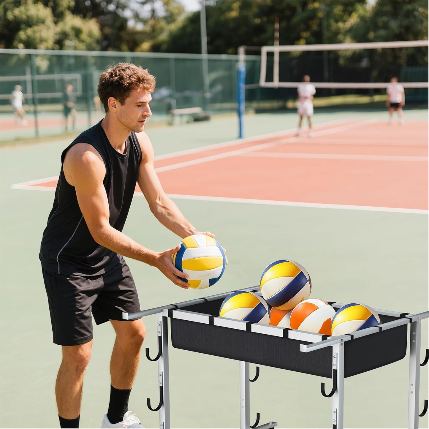 Heavy-Duty Volleyball Gear Storage Trolley w/ 4 Removable Baskets & Lockable Wheels, for Balls, Pads, Nets