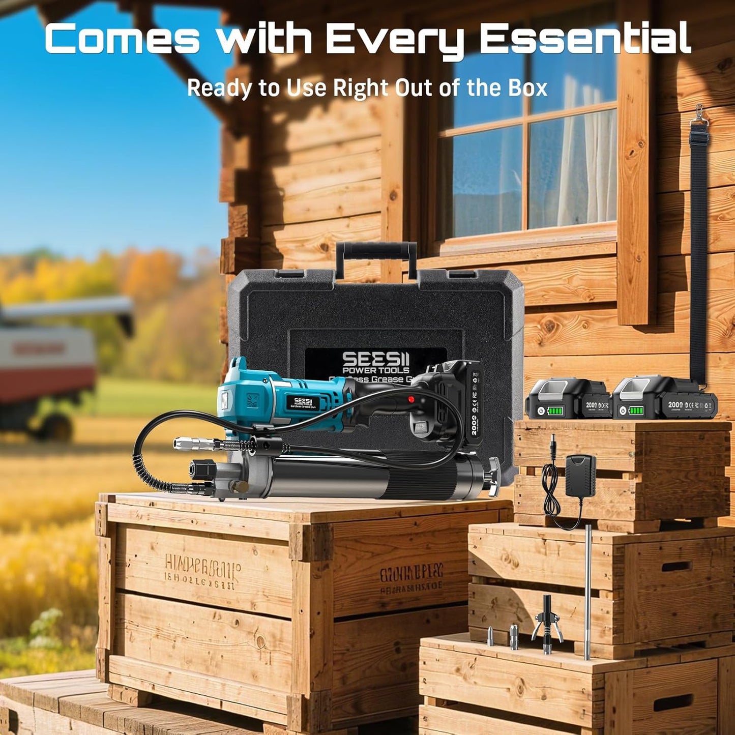 10,000 PSI Cordless Grease Gun, High-Efficiency 6.4 oz/min, with 39.4” Hose, LED Light, 2-Pack 2.0Ah Batteries