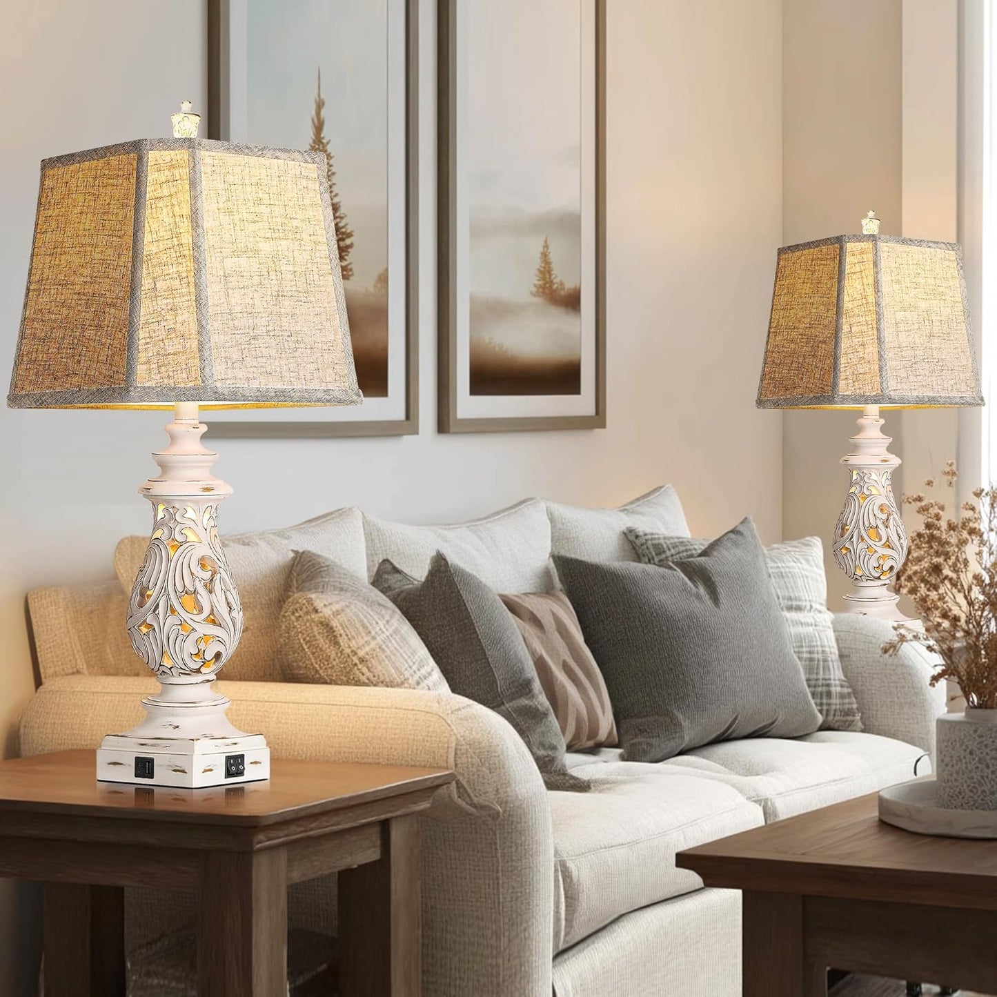 29' Table Lamps Set of 2, Bedside Lamps with USB A+C Ports & Night Light, with Linen Fabric Shades, Antique White