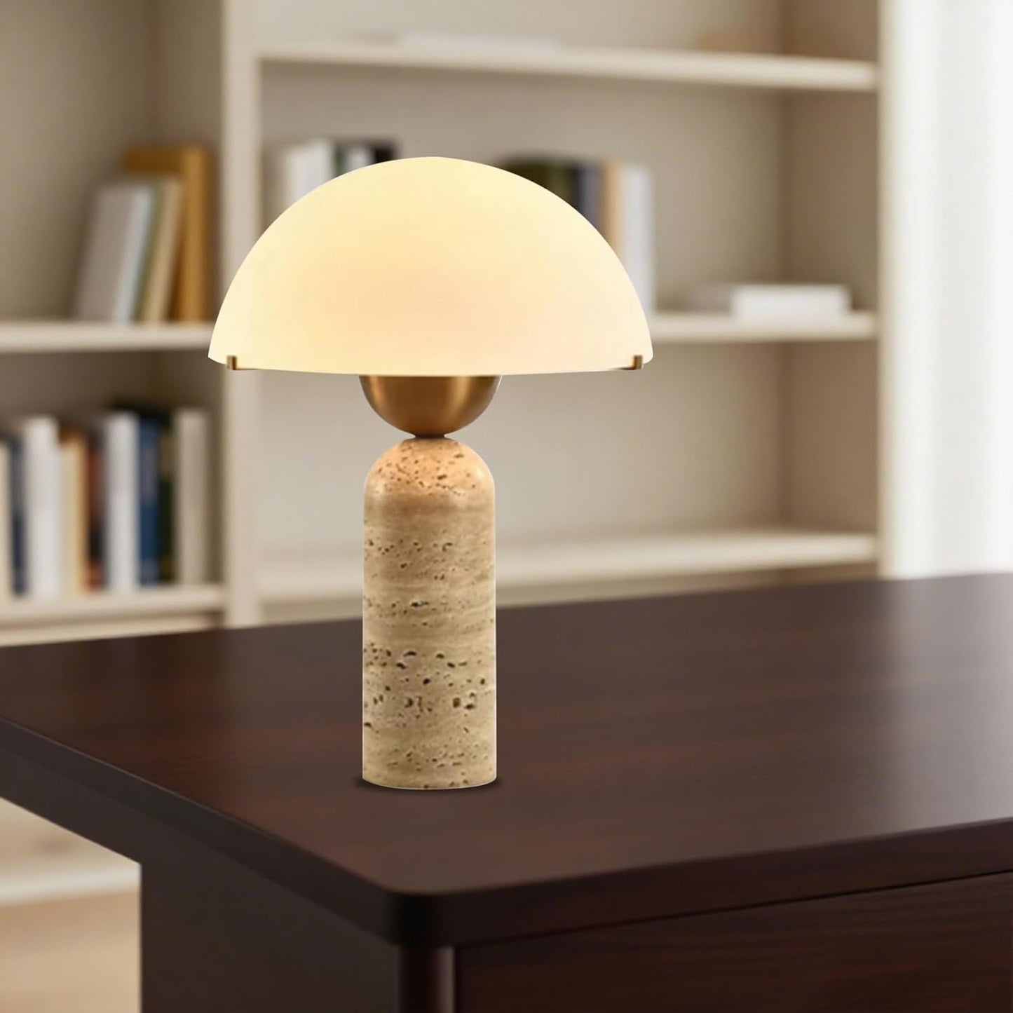 White Dome Table Lamp with Frosted Glass Shade, Mid-Century Modern Natural Stone Base, 17.7 x 11.8 in