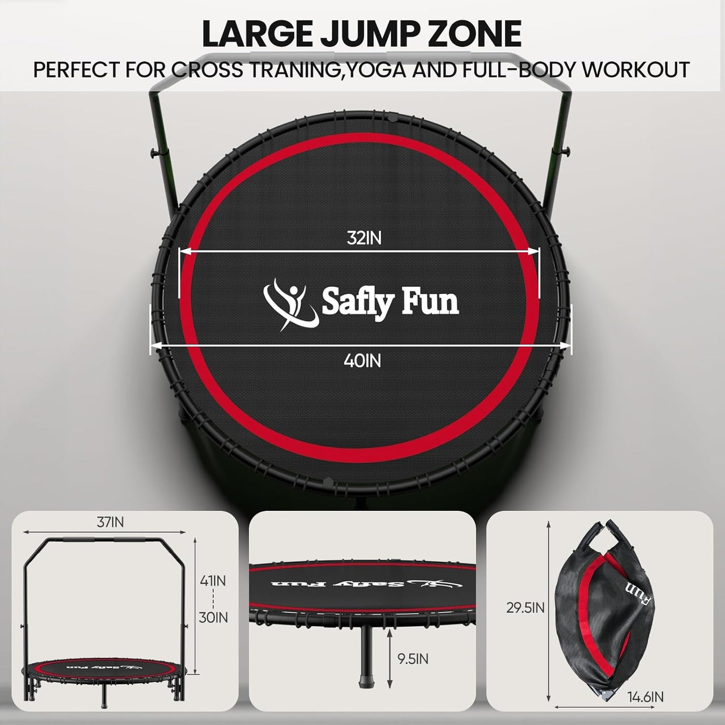 40''/45''/50'' Rebounder Trampoline for Adults, 450-550 lbs Foldable, 5-Level Adjustable Handle