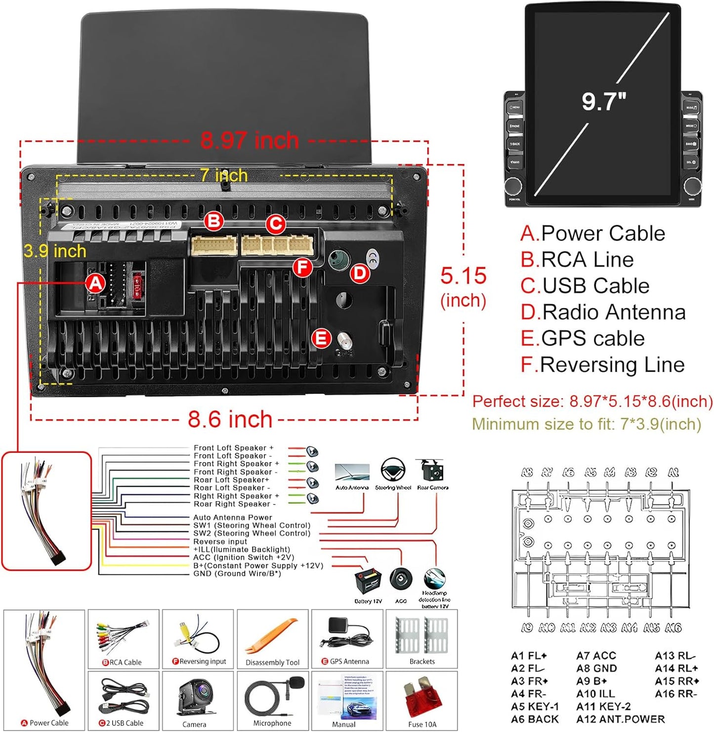 Double din car Radio Universal 9.7' Touch Screen Head Unit, Support Wireless carplay Android