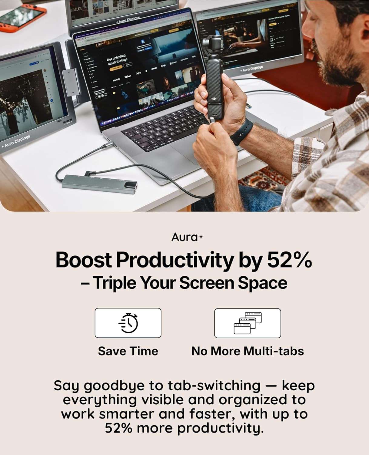 Triple Boost 14” Pro, Triple Portable Monitor Extender, 3×14” FHD 1080P HDR IPS, USB-C & HDMI, with 11”-18” Laptops