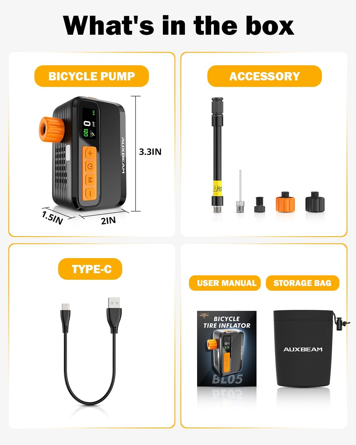 120 PSI Electric Bicycle Pump, Portable Air Pump for Road, MTB, City Bike Tires, 1500mAh Battery, Brushless Motor