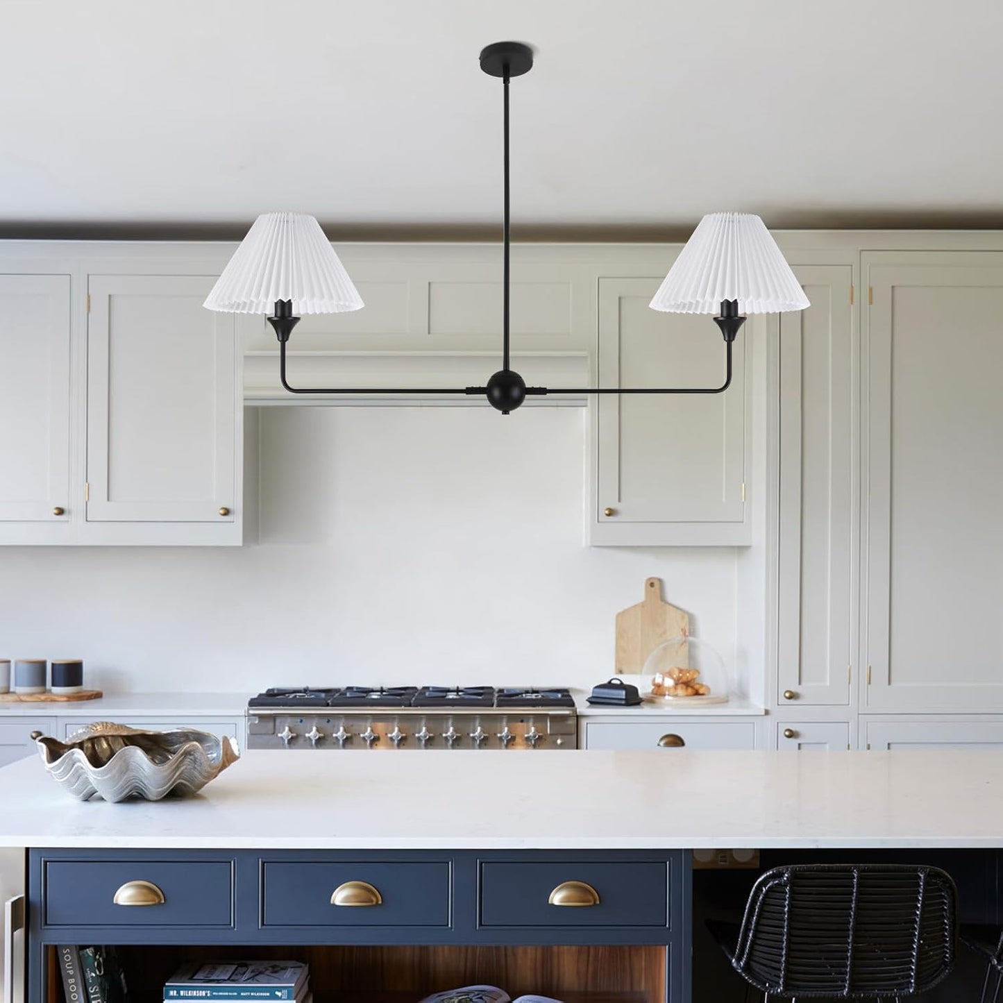 48 Inch Black Kitchen Island Lighting with White Fabric Shade, Adjustable Height, Modern Linear Chandelier 2-Light