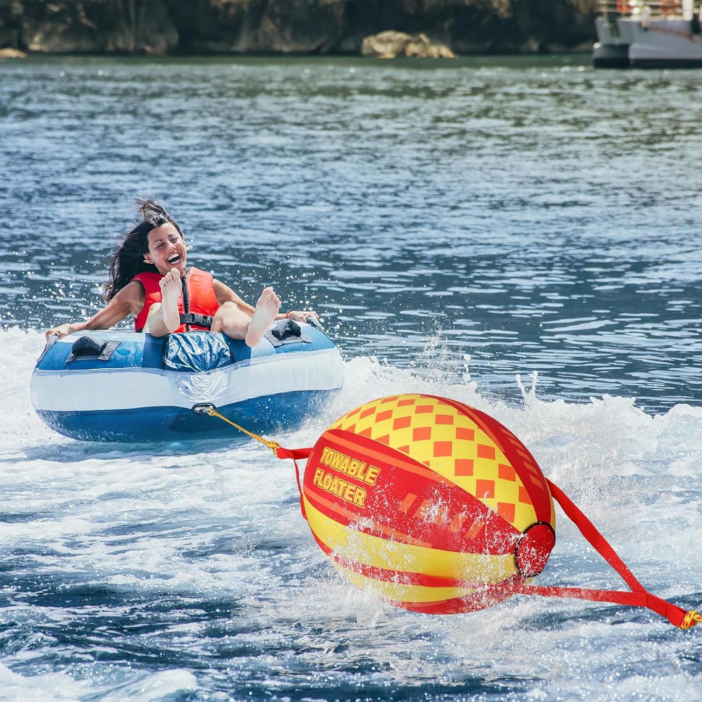Booster Ball for Towable Tubes, Boat Tube Balls with High Tensile Strength Rope, for Boating, Wakeboarding