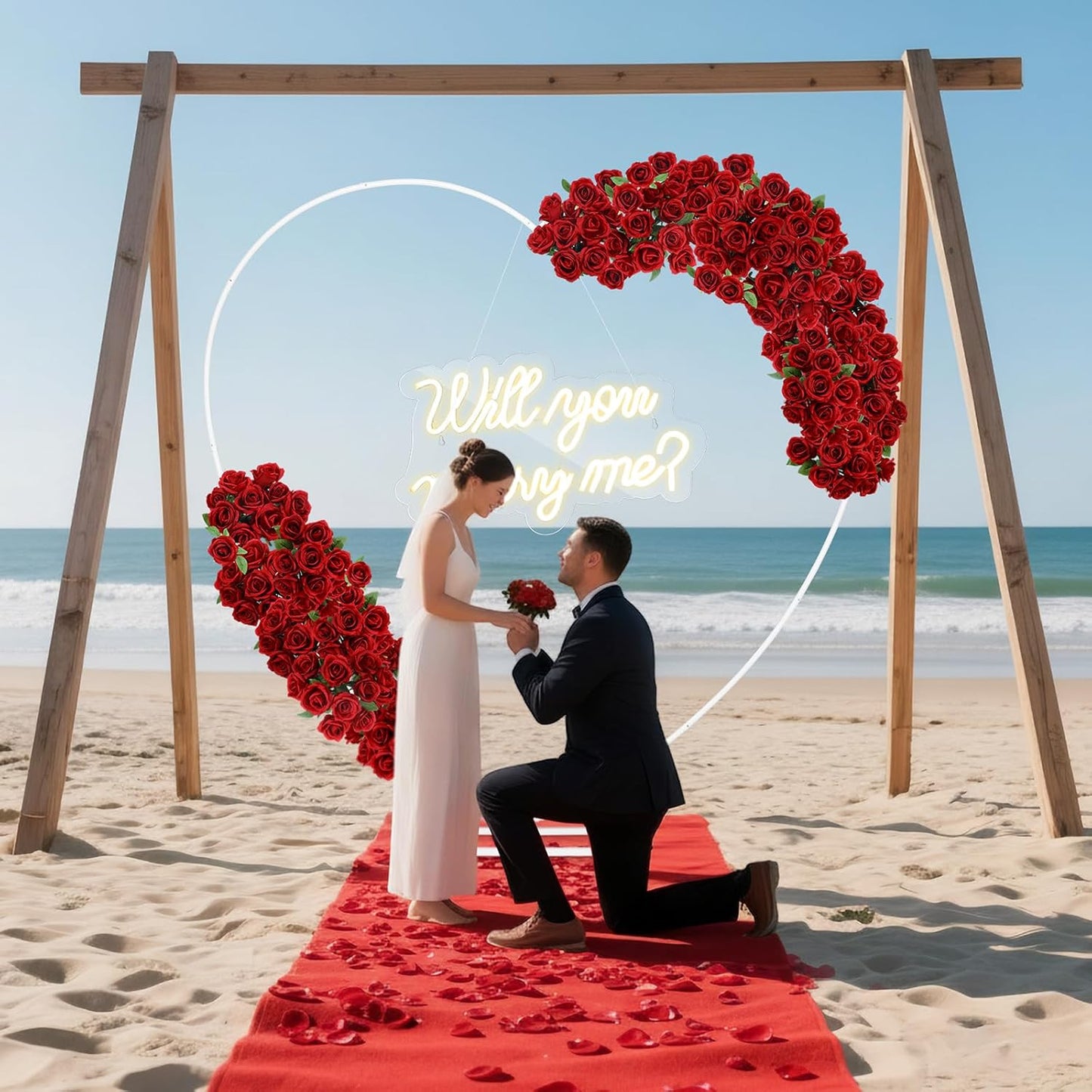 Large Will You Marry Me Me Neon Sign Backdrop Wedding Proposal Decorations for Outdoor, (Red Carpet, Petals)