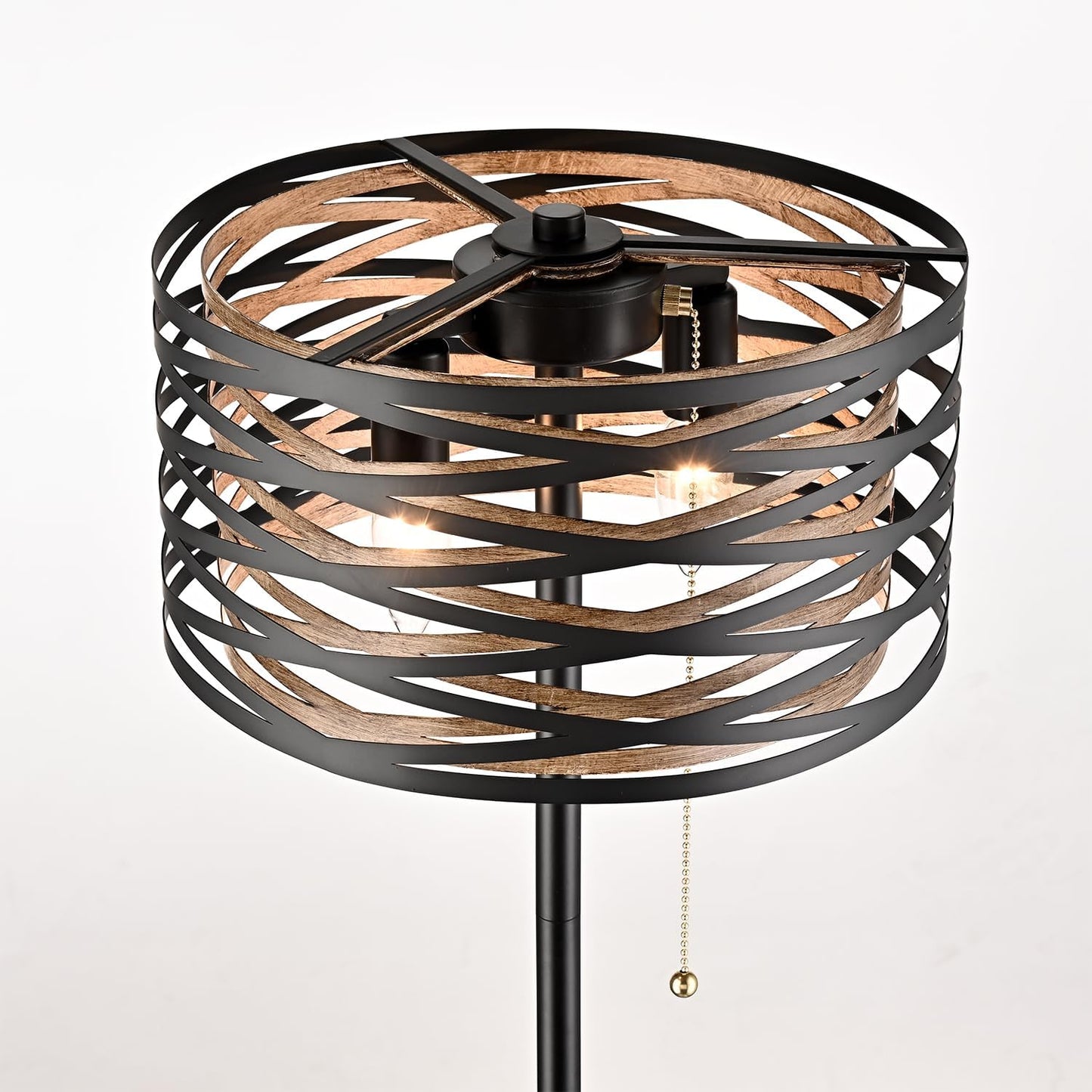 Farmhouse Black 2-Light Floor Lamp Metal Structure Wood Grain Shade with Pull Chain Switch