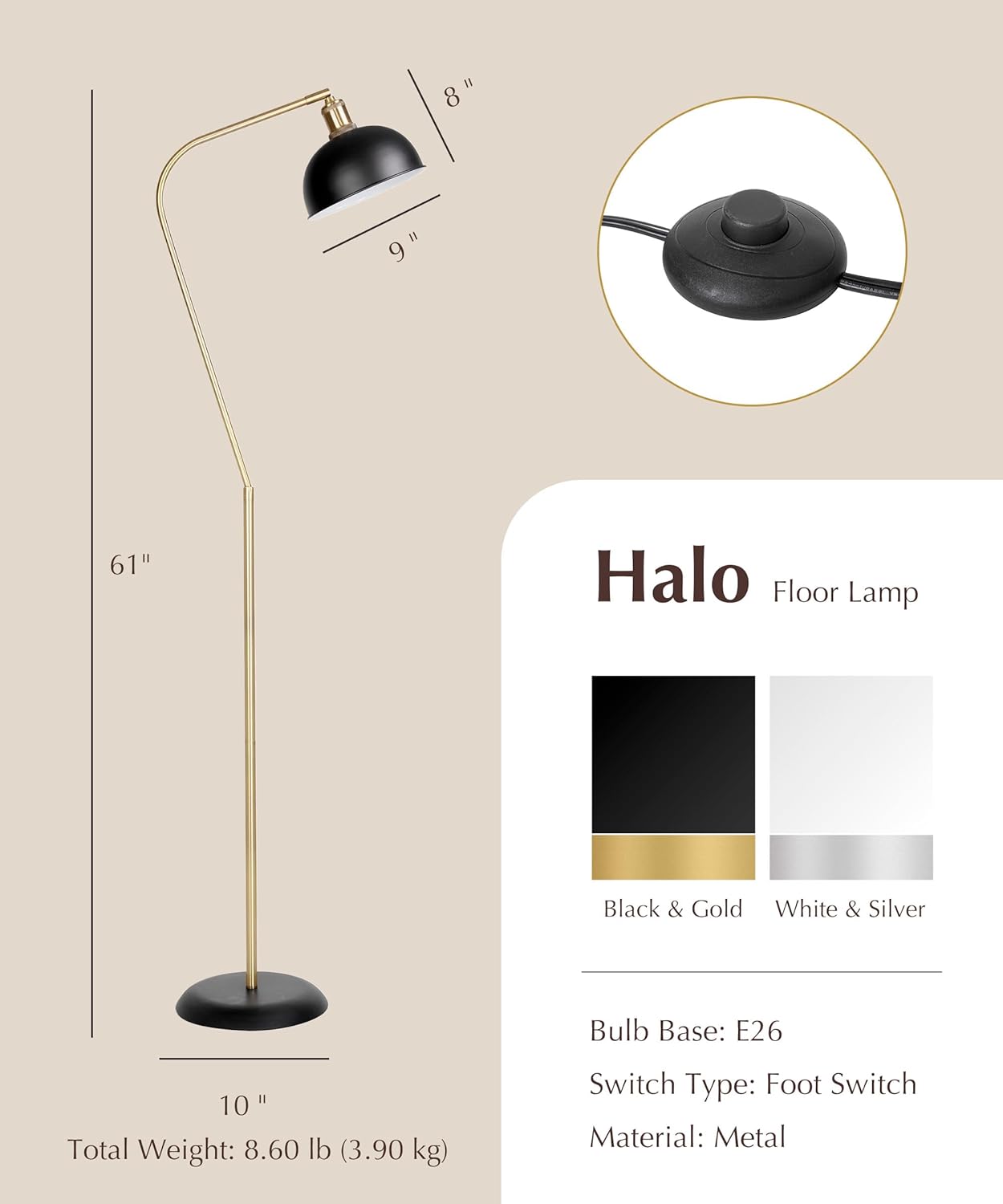 Halo Brass Floor Reading Lamp with Solid Base, for Living Room, Bedside Table or Over Chair Use, Black