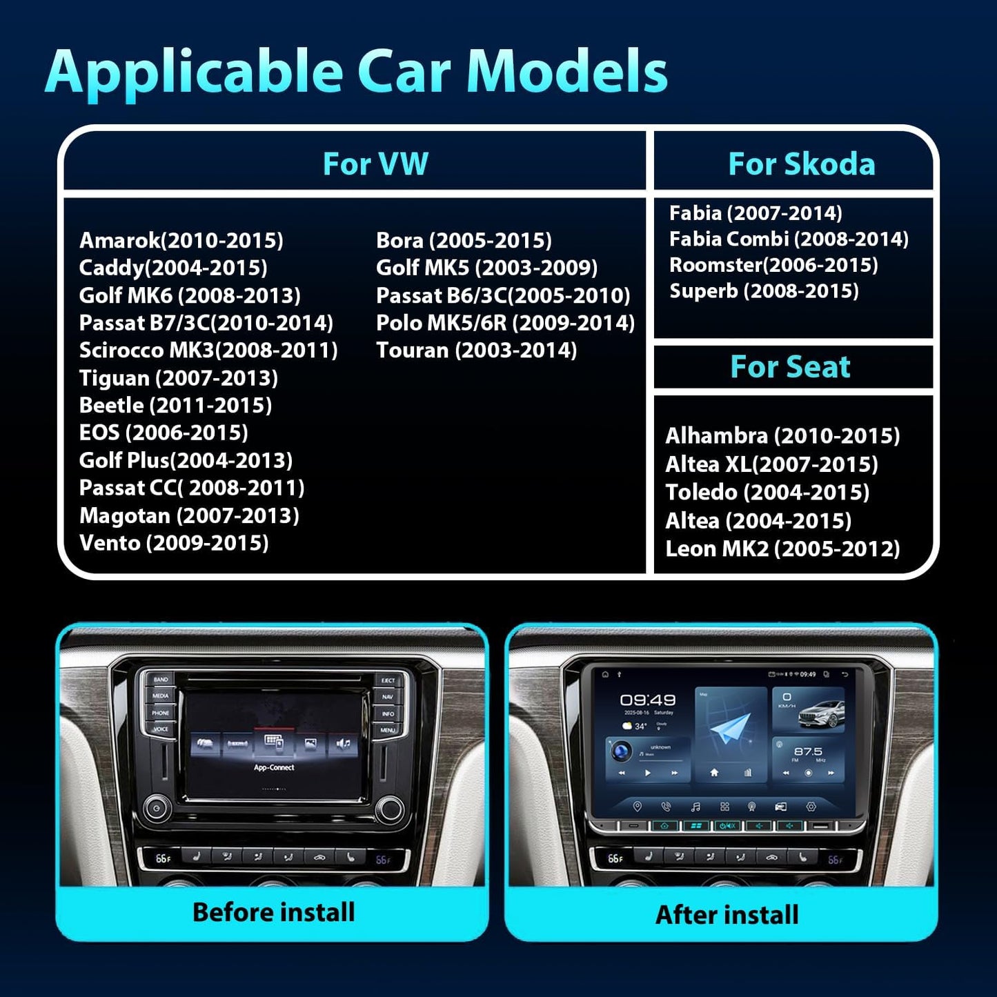 Car Stereo Radio with Touchscreen (9') for VW Golf 5, 6, T5, Polo 6R, Caddy, Passat, Touran, Wireless CarPlay/Android
