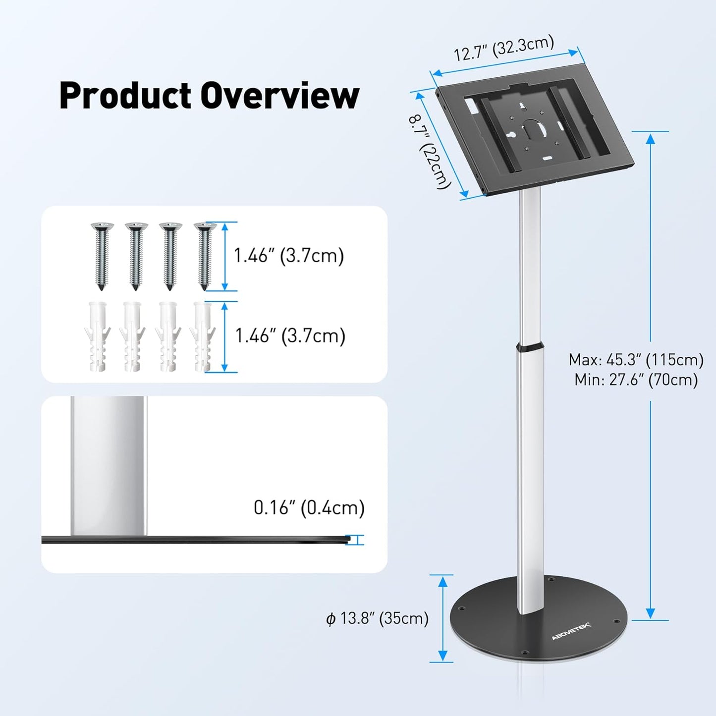 Robust Security Kiosk POS Tablet Stand, Height Adjustable Tablet Floor Stand w/Lock and Key Mechanism
