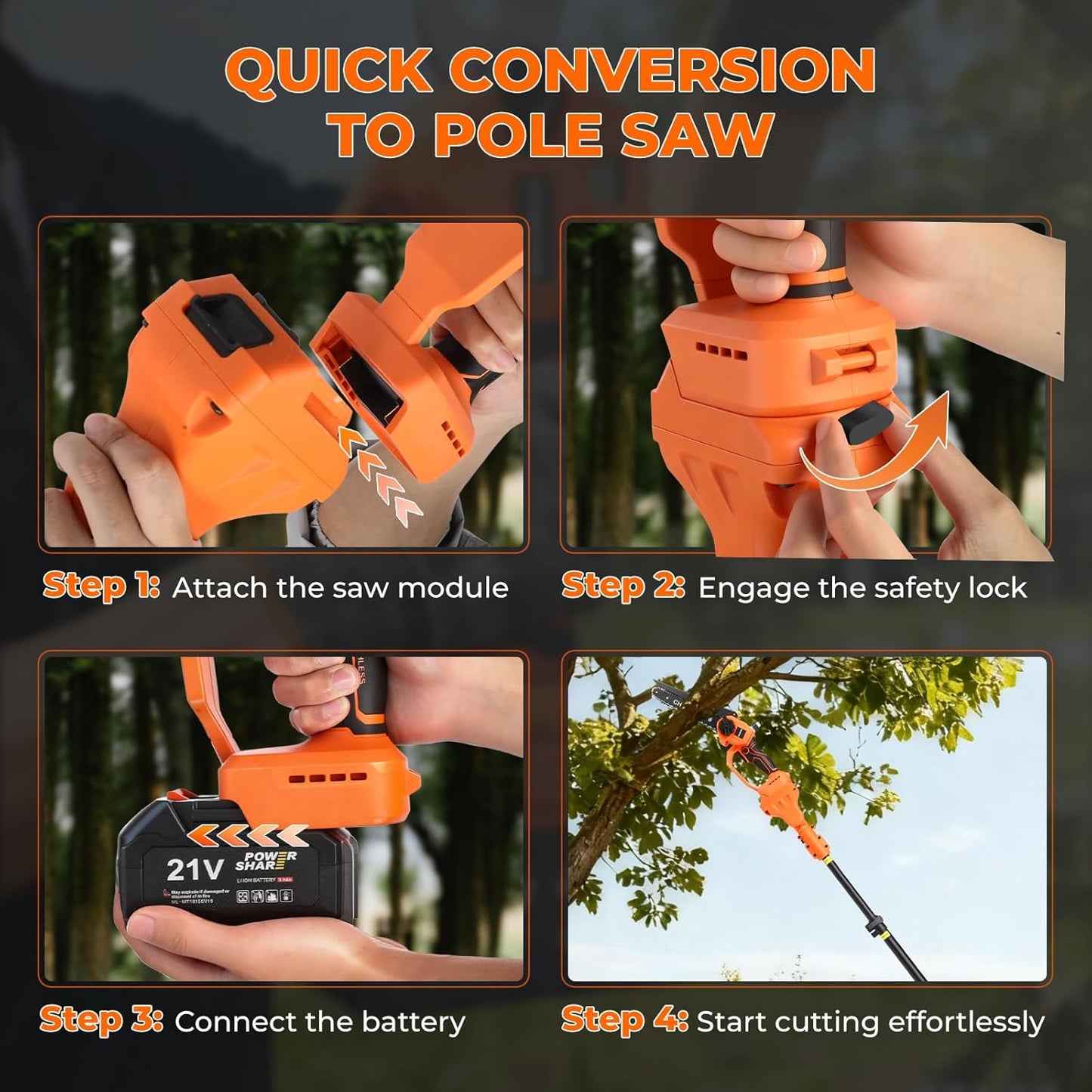 4-in-1 Cordless Electric Pole Saw, 8' Mini Chainsaw & Electric Shears, 15ft Reach Pole, 2 21V 4.0Ah Batteries