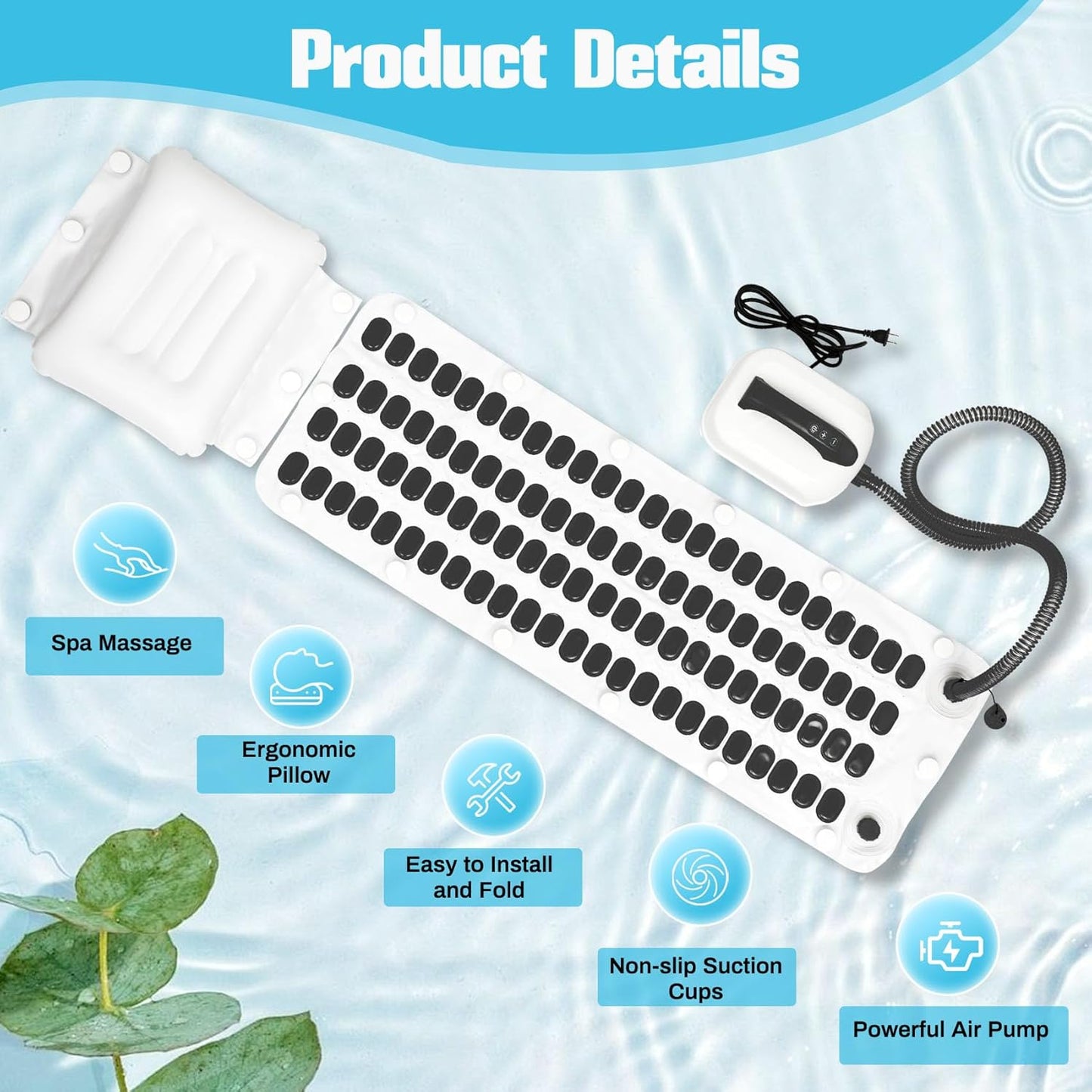 Portable Spa Bubble Bath Massager, Bubble Mat for Bathtub with Remote Control, 6-Speed Adjustable, w/ Suction Cup