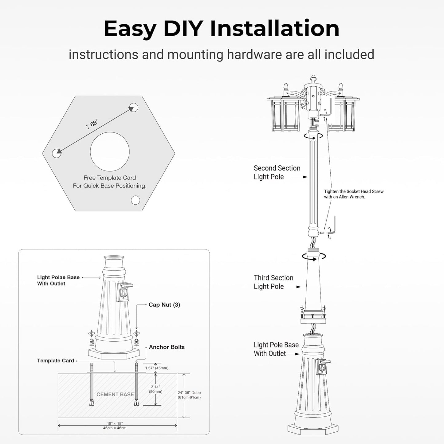 Outdoor Lamp Post Light Fixture, Black Dusk to Dawn with Outlet, 3-Head, Waterproof, Anti-Rust Outside Pole Light