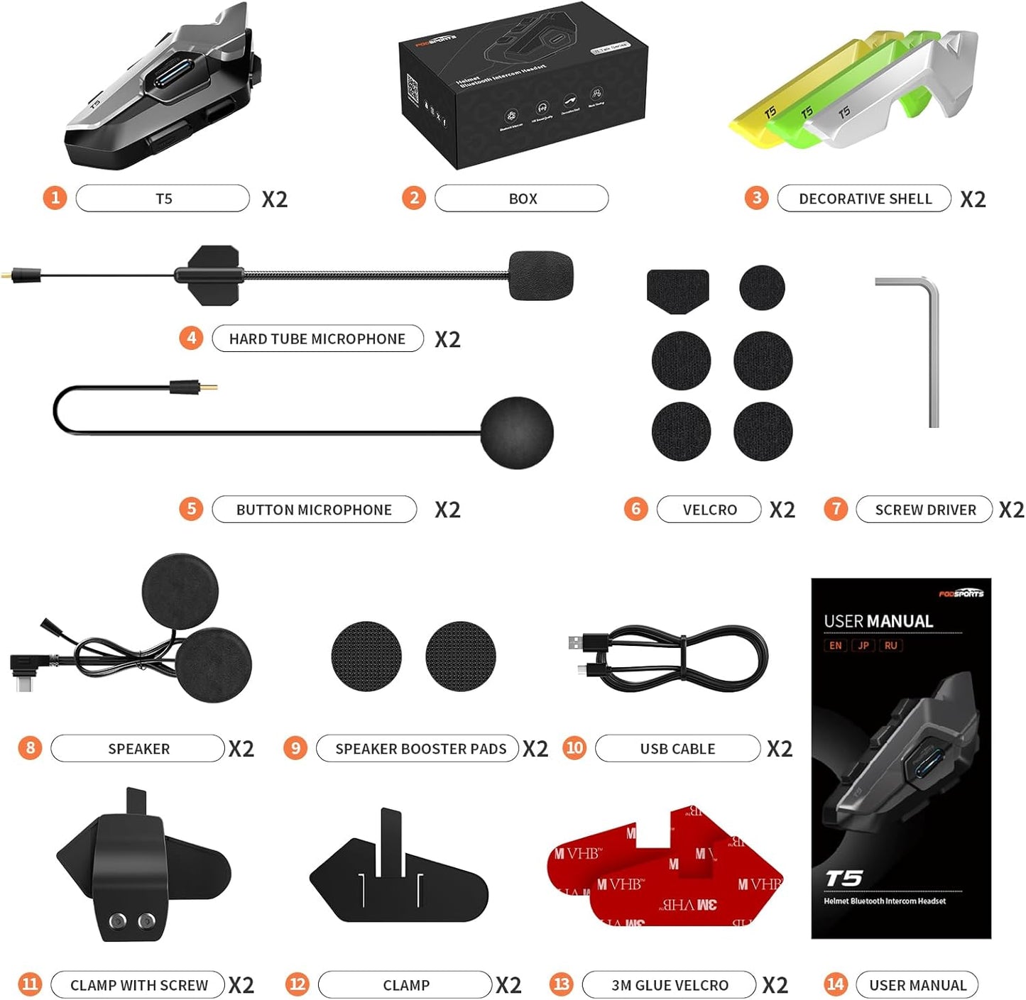 Fodsports T5 Motorcycle Helmet Bluetooth V5.4, 2-Way Helmet Intercom Communication Systems with Music Sharing