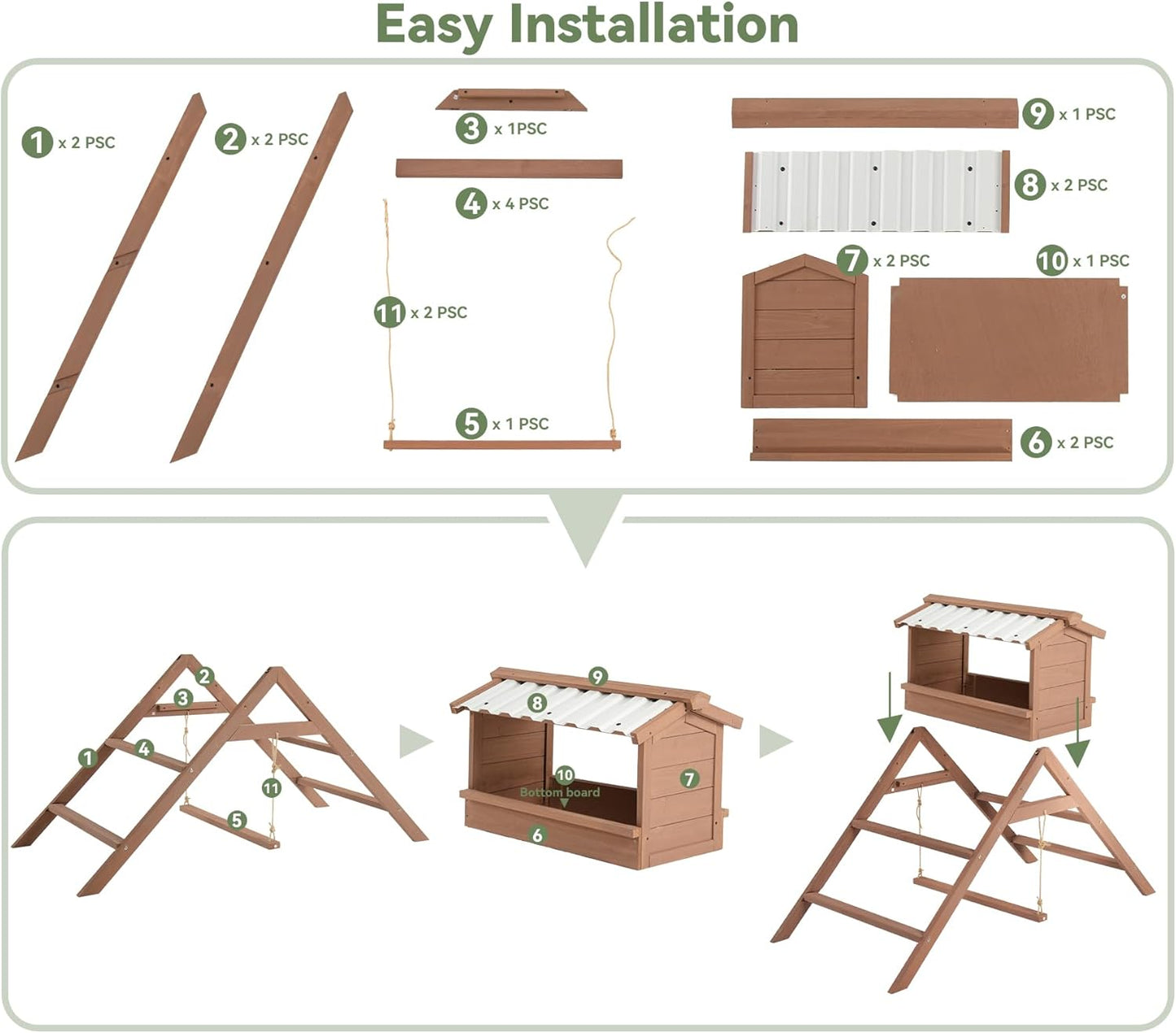Chicken Perch for Coop, 3 in 1 Design-Nesting Box w/ All Weather PVC Roof+Perches+Swing, Roosting Bar