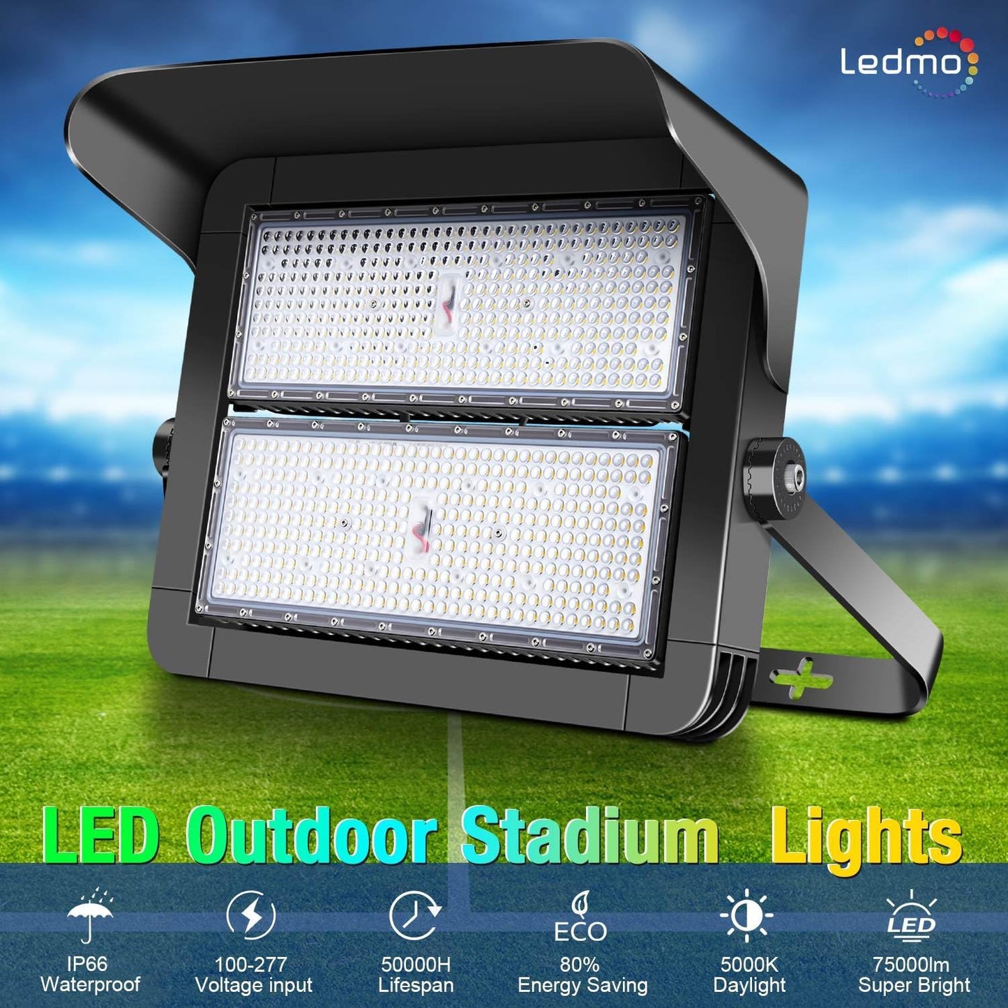 500W Dimmable Led Hight Mast Light, 75000LM Outdoor Stadium Floodlights Adjustable IP66 5000K 100-277V