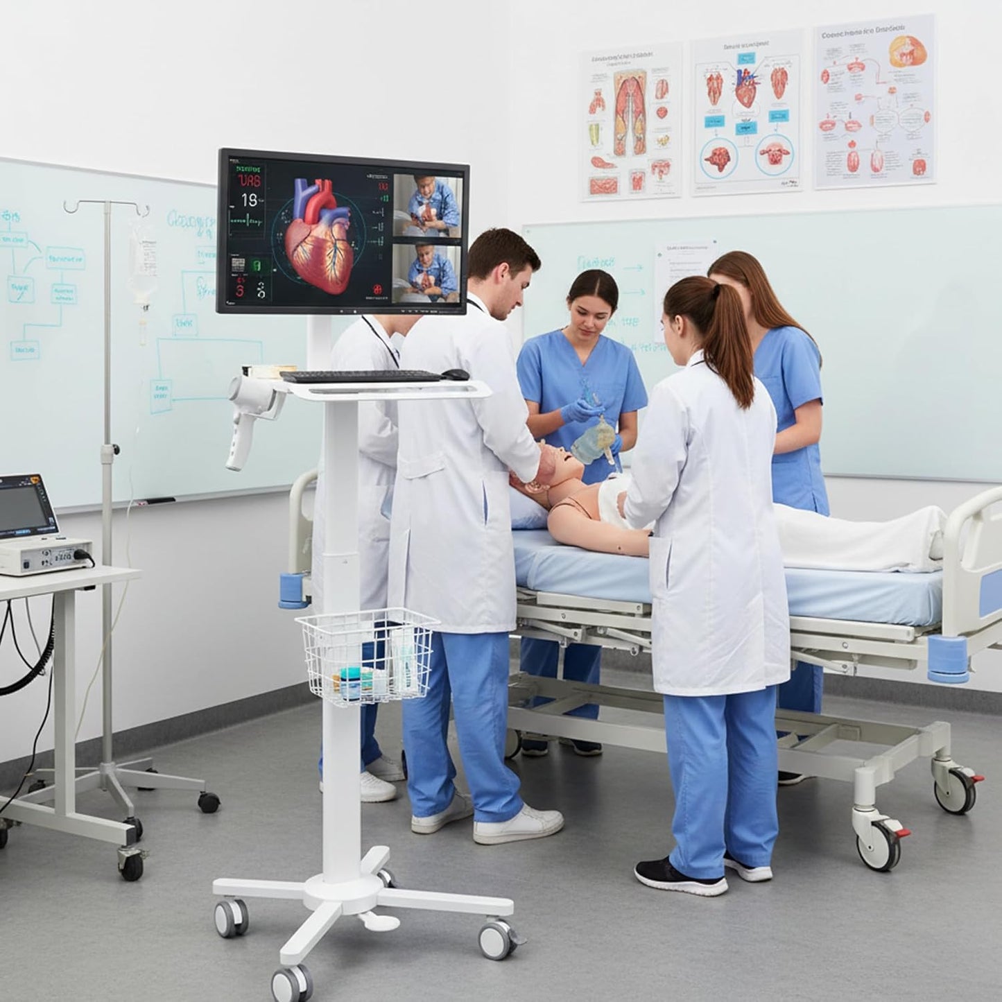 Lightweight Medical Trolley Cart for 17' to 32' Monitor w/ Keyboard Table, Basket, Scanner Holder