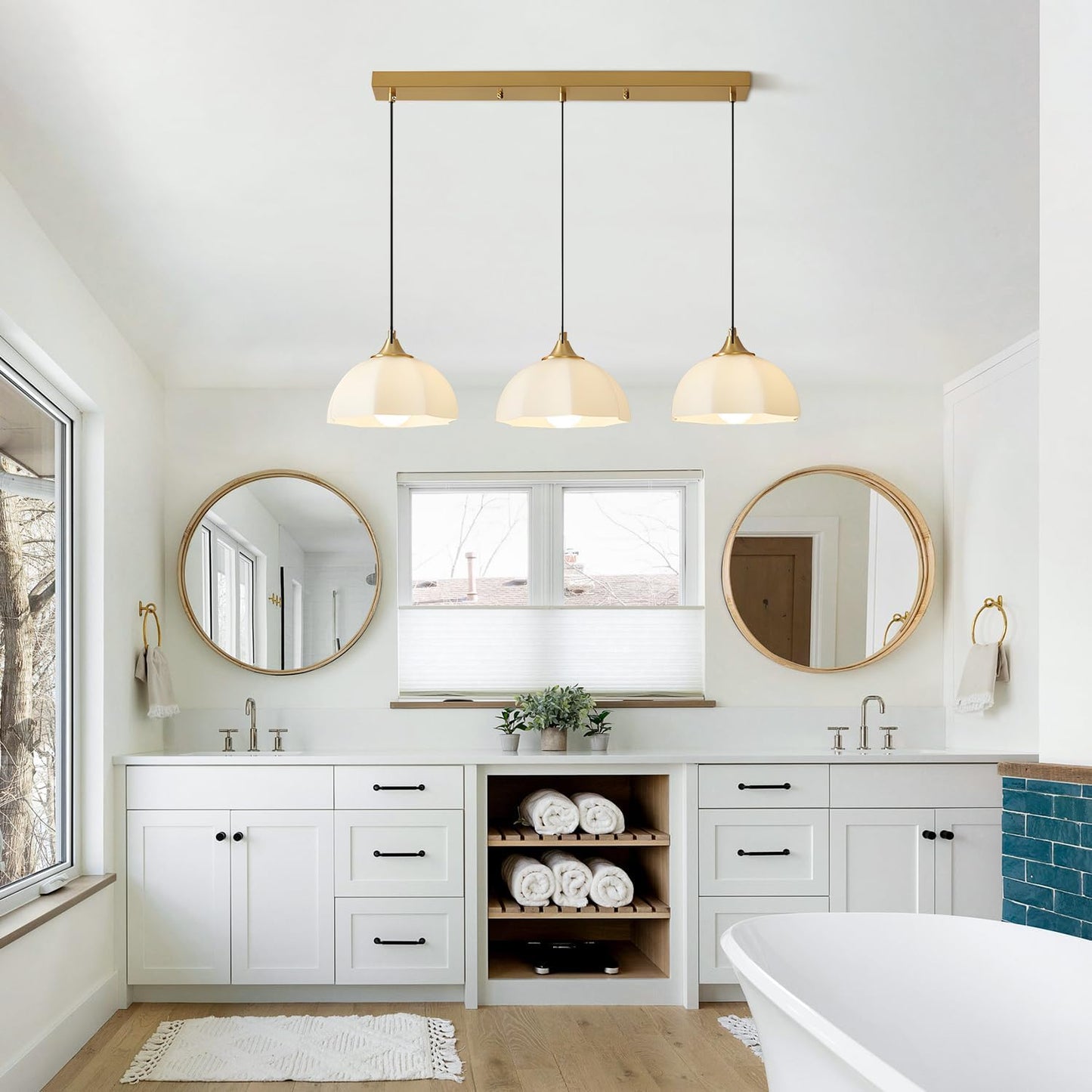 Modern 3 Light Pendant Lighting Gold Linear Dining Room Light Fixture Milk Glass Linear Chandelier Brass and White