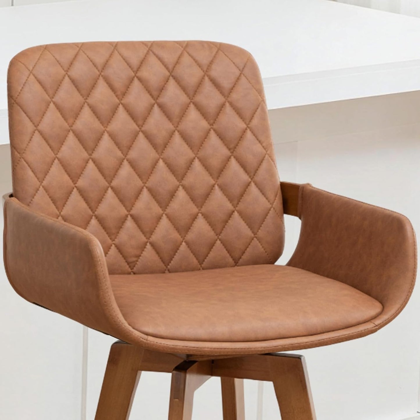 Mid Century Bar Stools - Kitchen Island Stools with Walnut, Curved Back and Arms, Faux Leather