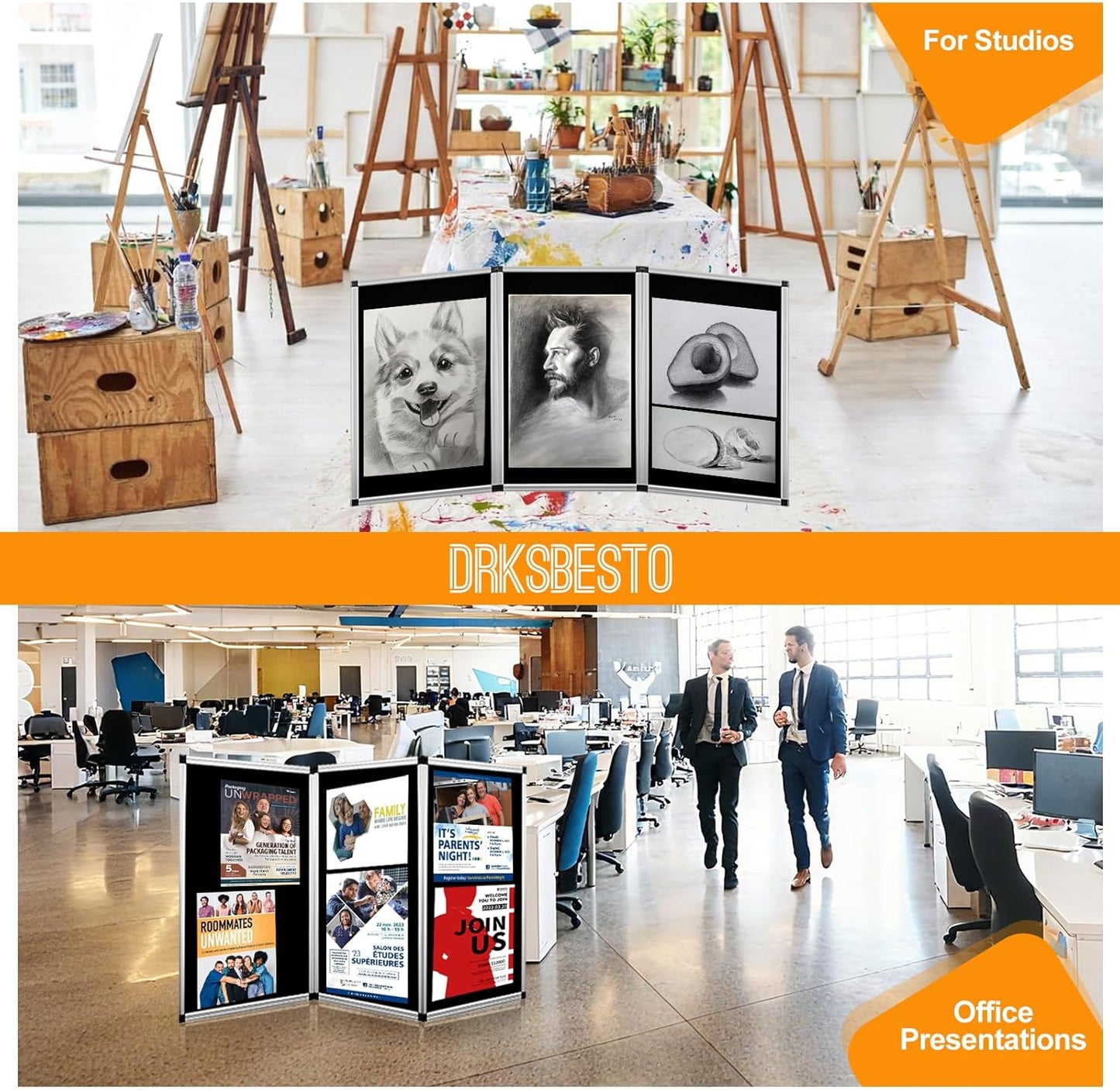 3+1 Panel Double-Sided Black Trifold Display Board with Storage Bag, 72 x 35.4 in Folding Tabletop Trifold Poster