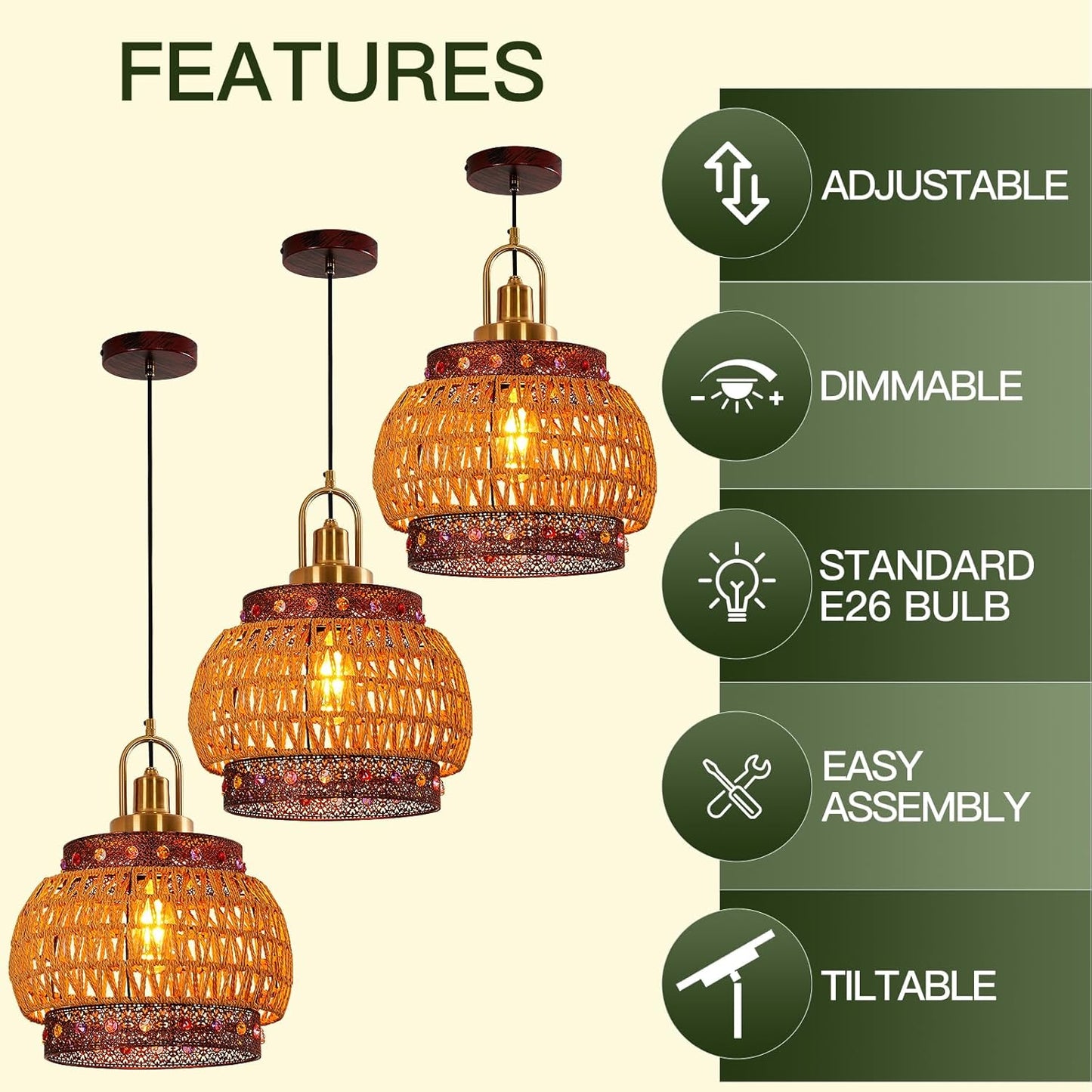 12.6-inch Vintage Burgundy Bohemian cage Chandelier, mid-Century Wicker Tiffany-Style lamp