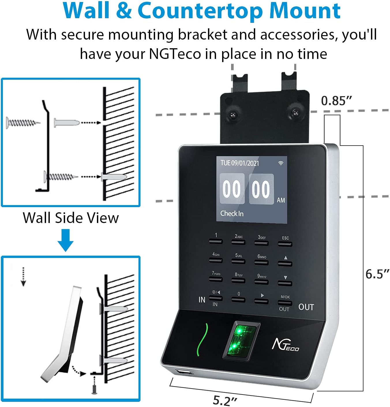 Fingerprint & PIN Time Clock for Small Business, with iOS/Android App, No Monthly Fee, 2.4GHz WiFi, Black