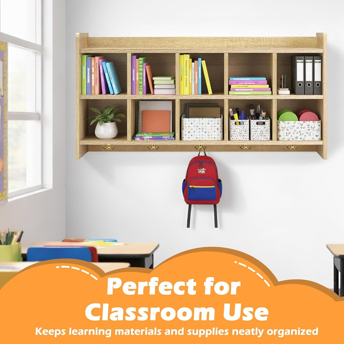 Wall Cubbies, 10 Cubby Storage Organizer with Coat Hooks, (White Oak), for Toys, Bags and Books, Used in School