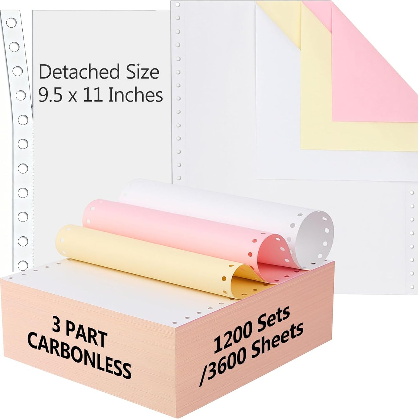 3600 Sheets Continuous Carbonless Computer Paper, 9.5'x11' 3-Part Perforated Copy Paper for Dot Matrix Printer