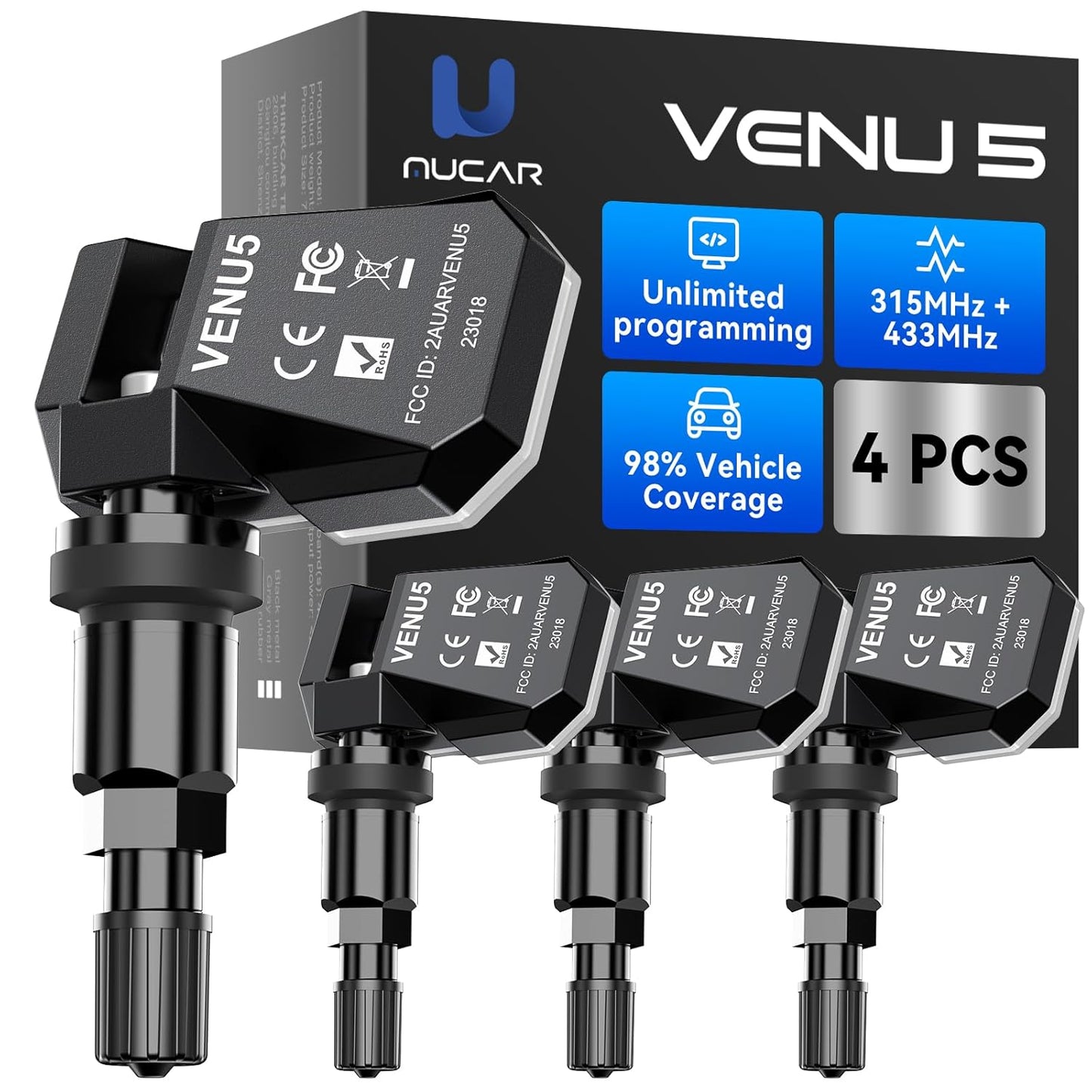 VENU5 TPMS Sensor Set of 4, Activation Relearn by Universal TPMS Tool, Tire Pressure Sensor 2-in-1
