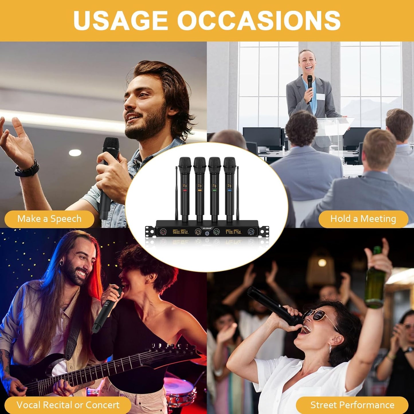 4-Channel Wireless Microphone System, UHF Cordless Mic Set w/ 4X 10 Frequencies, 260ft Range