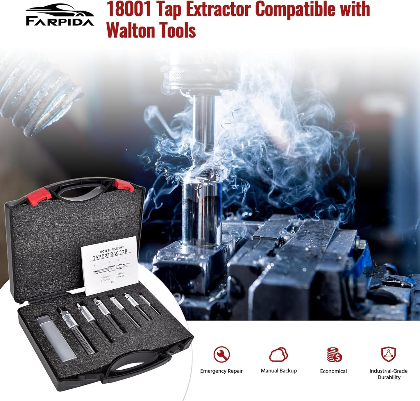 18001 Tap Extractor Tool 6 Piece (3/16'-1/2') 4 Flute Set Broken Thread Tap Manual Remover, with 24 Spare Fingers