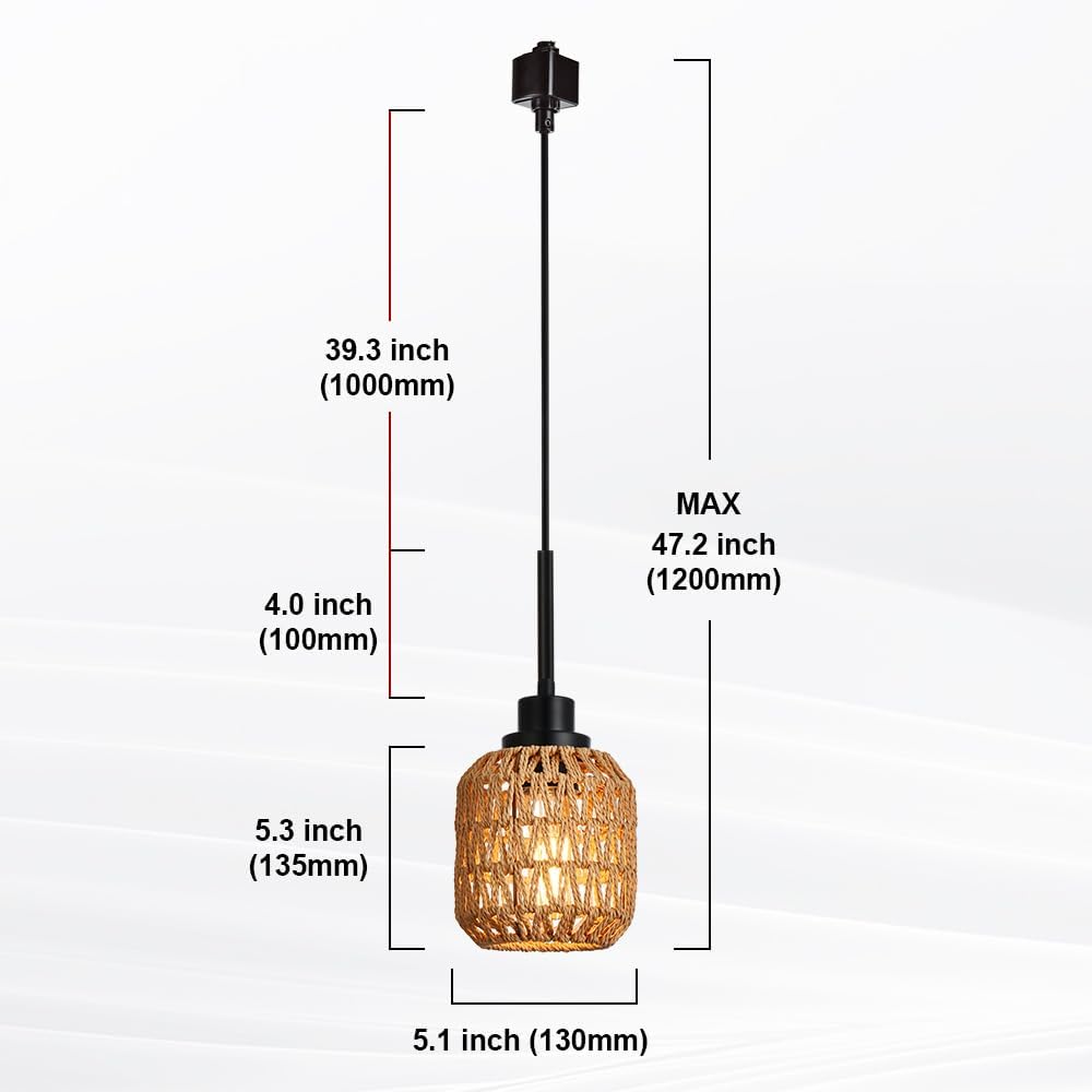 4-Pack Type Track Lighting Pendant Light,Vintage Boho Bamboo Pendant Lights Black Rattan Pendant Lighting for Kitchen Island, Bedroom, Dining Room
