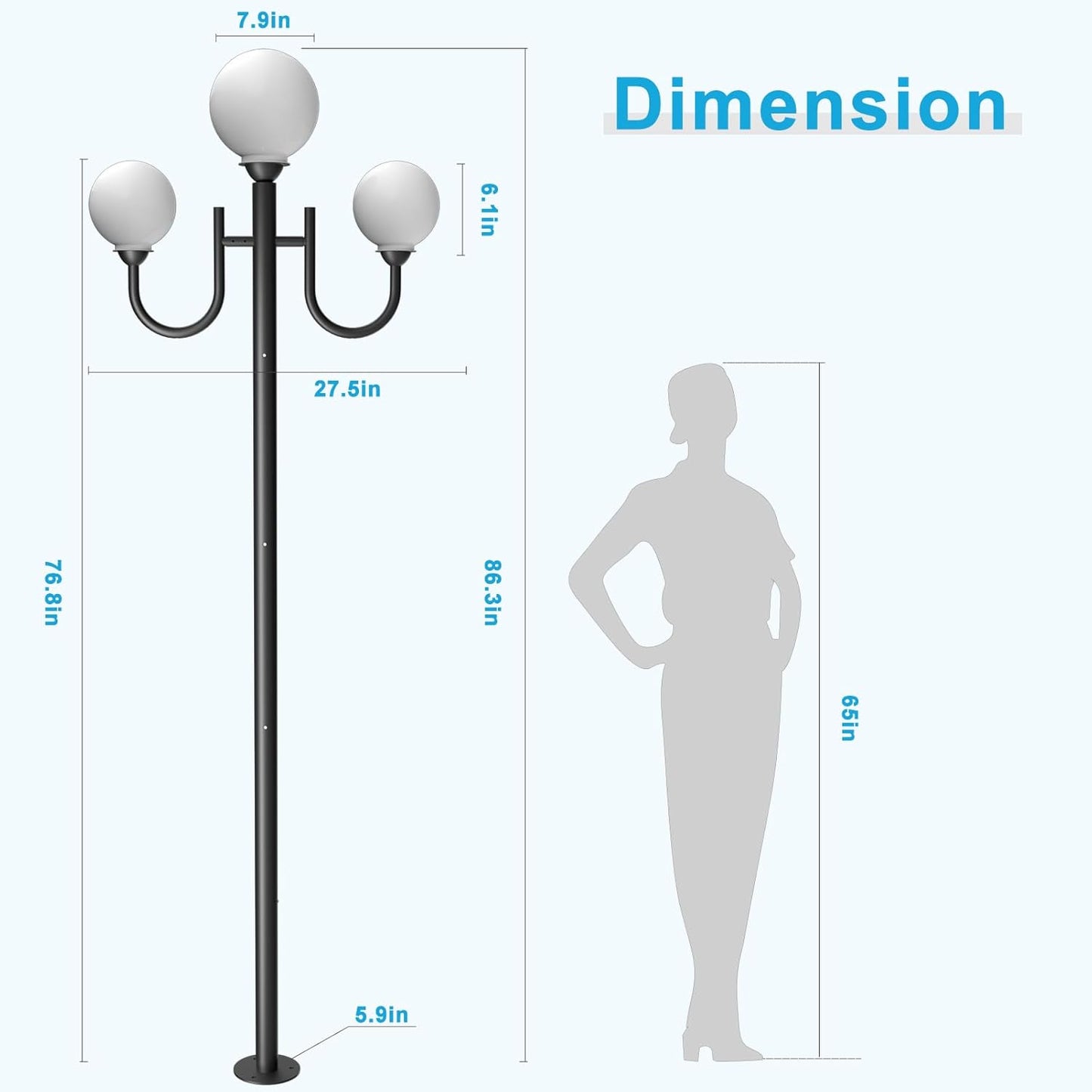 Black Aluminum Outdoor Lamp Post Light 3-Head with Globe Shades, Hardwired Waterproof Street Light Pole Light