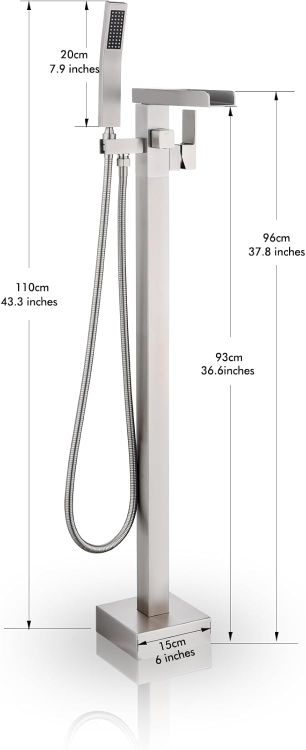 STESSO Freestanding Bathtub Faucet, Brushed Nickel Floor Mount Bathtub Faucet, Single Handle Floor-Mount Waterfall Tub Filler with Square Handheld