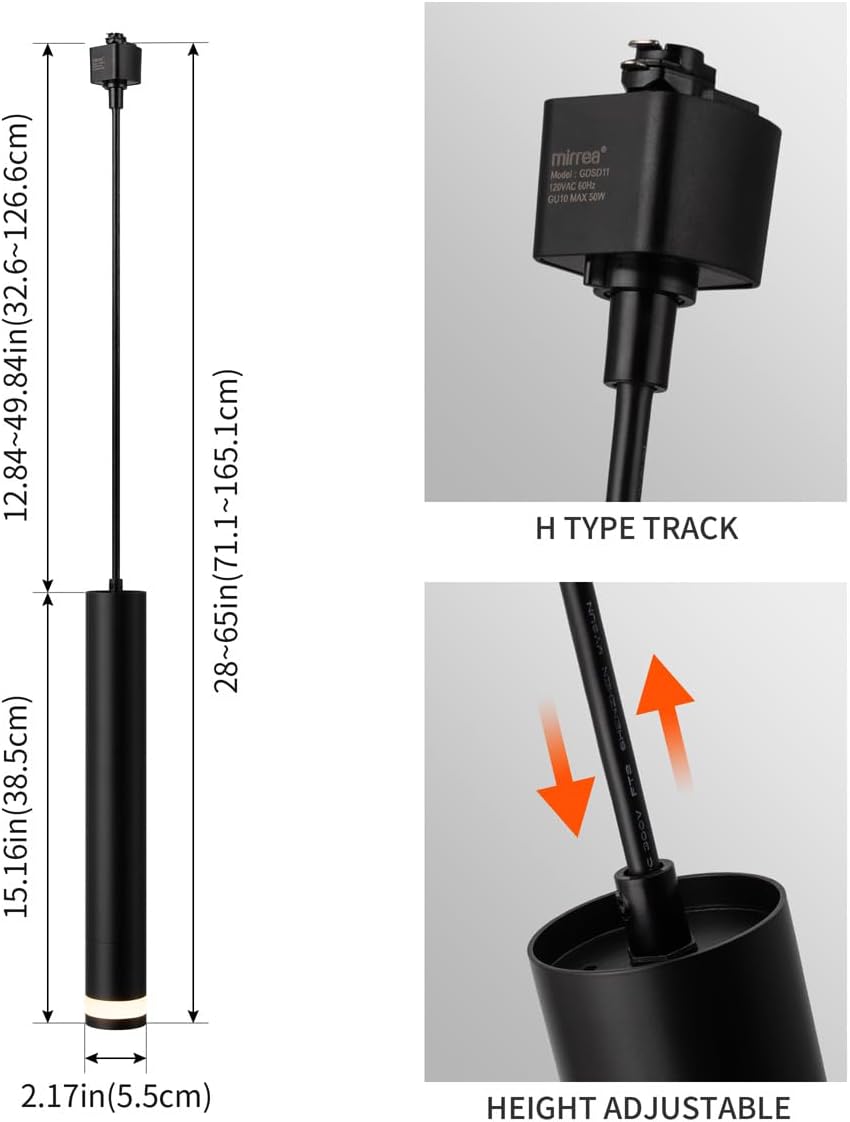 mirrea 6 Pack Black Track Pendant Lighting for H Type Rail Hanging Cord Adjustable Bulb Included 8W Dimmable LED GU10