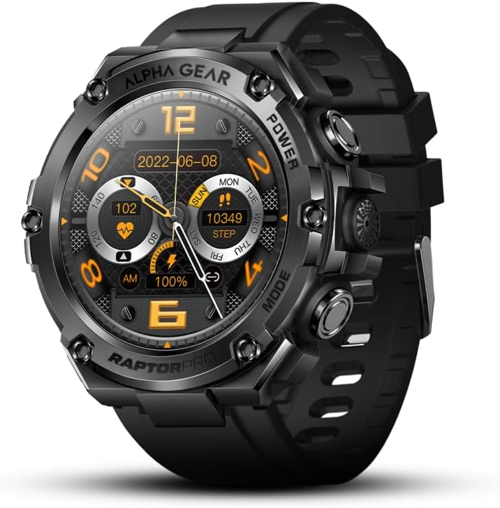 ALPHAGEAR Raptor PRO Smartwatch for iPhone & Android, Rugged Smart Watch (Answer/Make Call), Wellness Tracker with 1.58" AMOLED Screen, 10-1