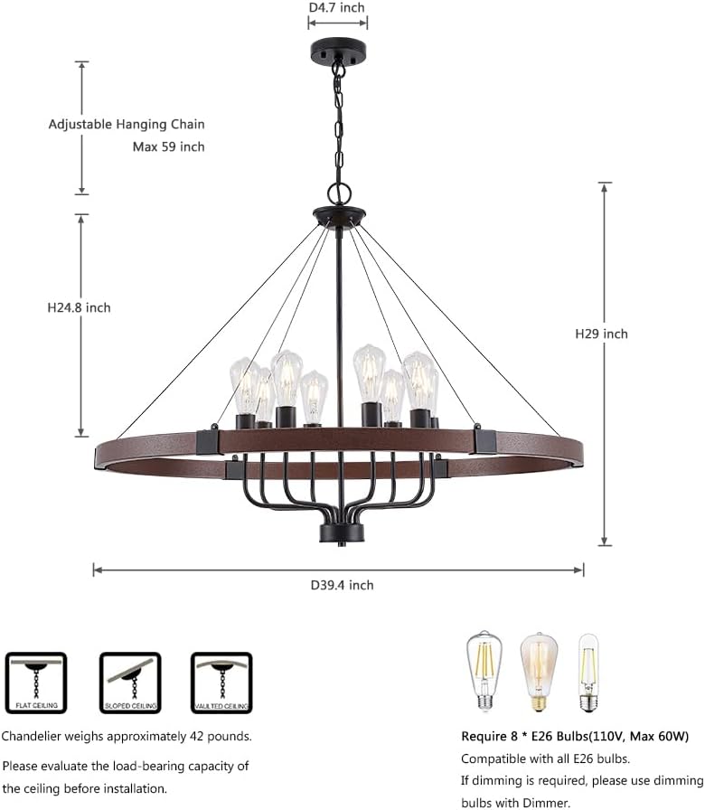LIZZTREE 8-Light Large Farmhouse Chandelier D39.3, Wagon Wheel Chandelier Rustic Country Style Round Pendant Light Fixture for Dining Room, Kitchen