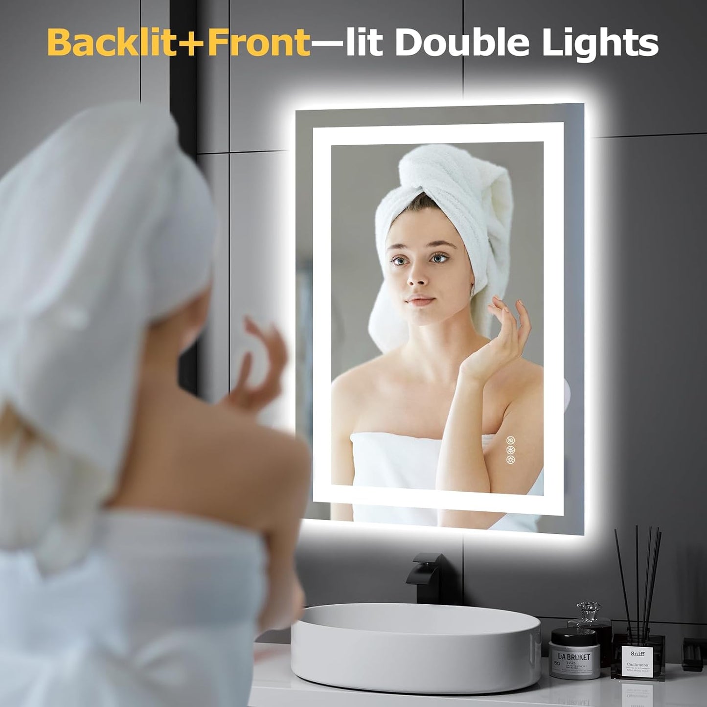 Hivone LED Bathroom Mirror with Lights 24"x 36" Wall Vanity LED Mirror Stepless Dimmable,Double Front and Backlight,Anti-Fog,Memory Smart