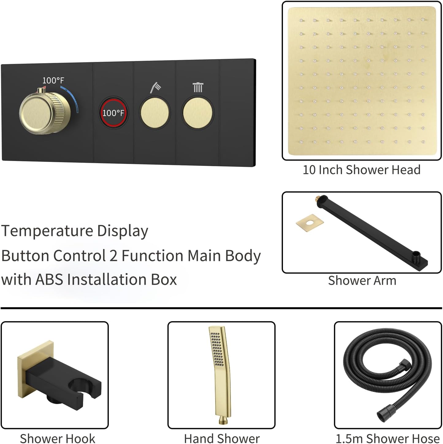 Shower Faucet Set Black and Brushed Gold Shower System Digital Display Rainfall Shower System Thermostatic Shower Complete Combo Set with 10 Inch