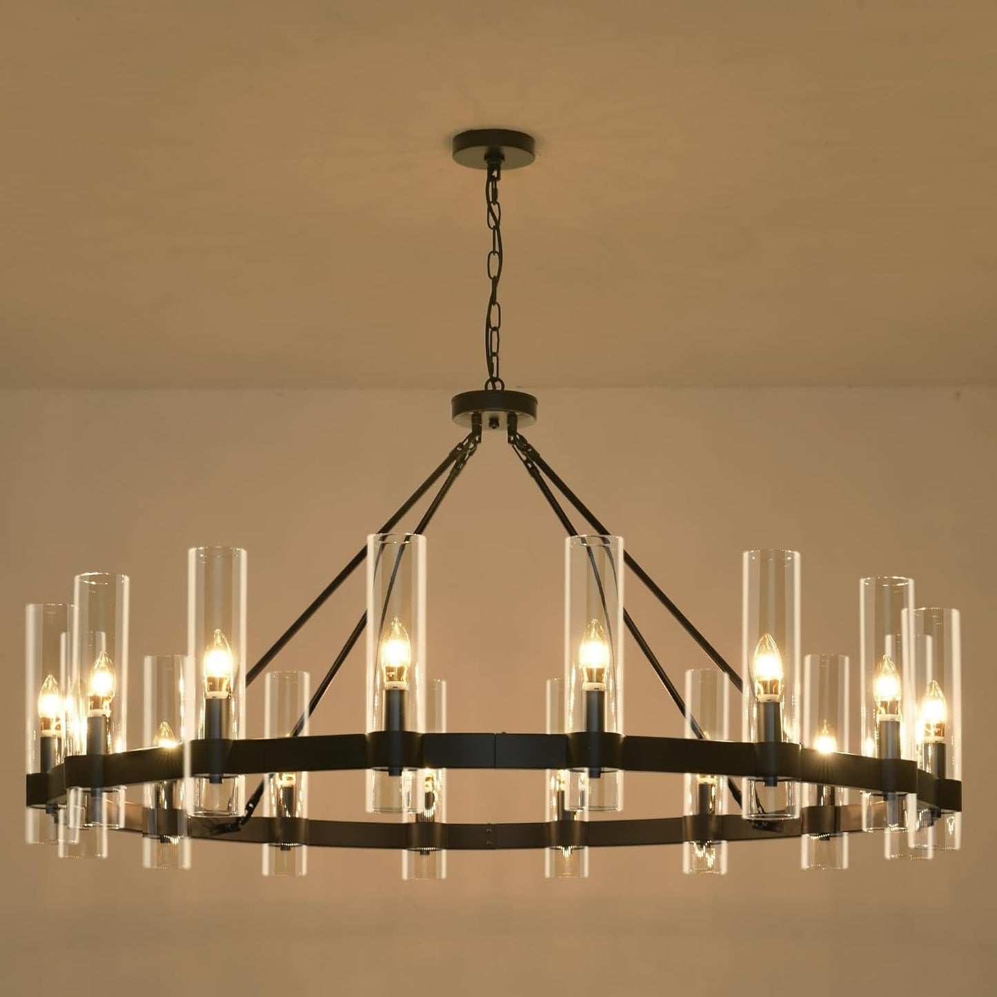 48 Inch Black Wagon Wheel Chandelier with Glass Shade, 16-Lights Black Farmhouse Chandeliers for High Ceilings, Large Round Indu