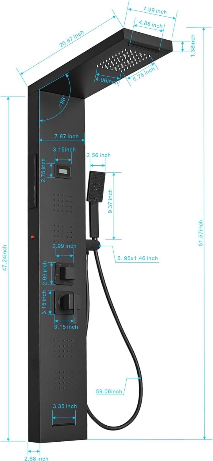 BWE LED Shower Panel Tower System Matte Black 5-Function Shower Column with Rainfall Waterfall Shower Head 4 Body Jets with Tub Spout Water