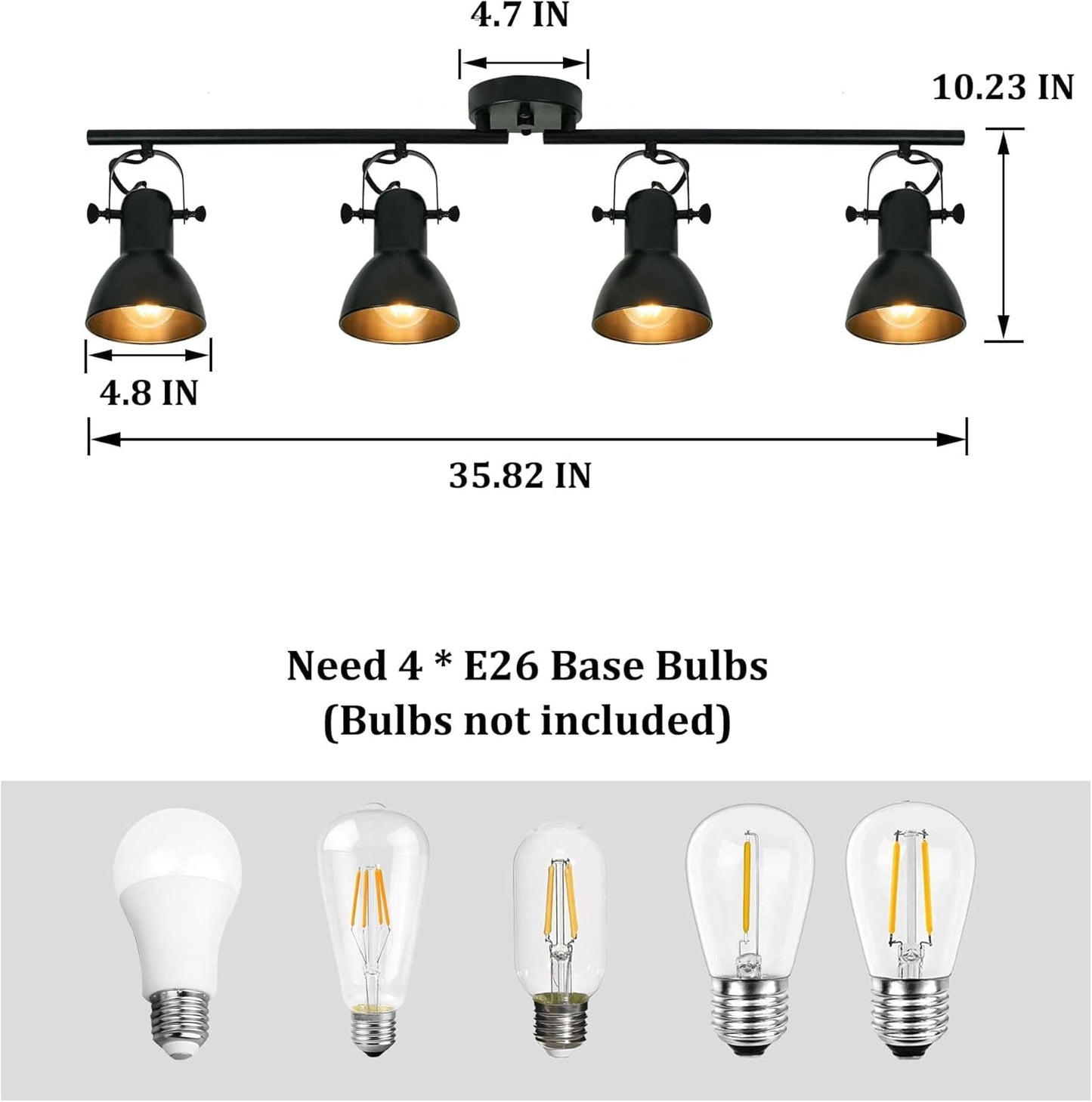 Auffel Track Lighting Fixtures Ceiling Black Kitchen Light Fixtures for Hallway Ceiling Light with 4-Lights Adjustable Track Light Vintage Wall Lamp