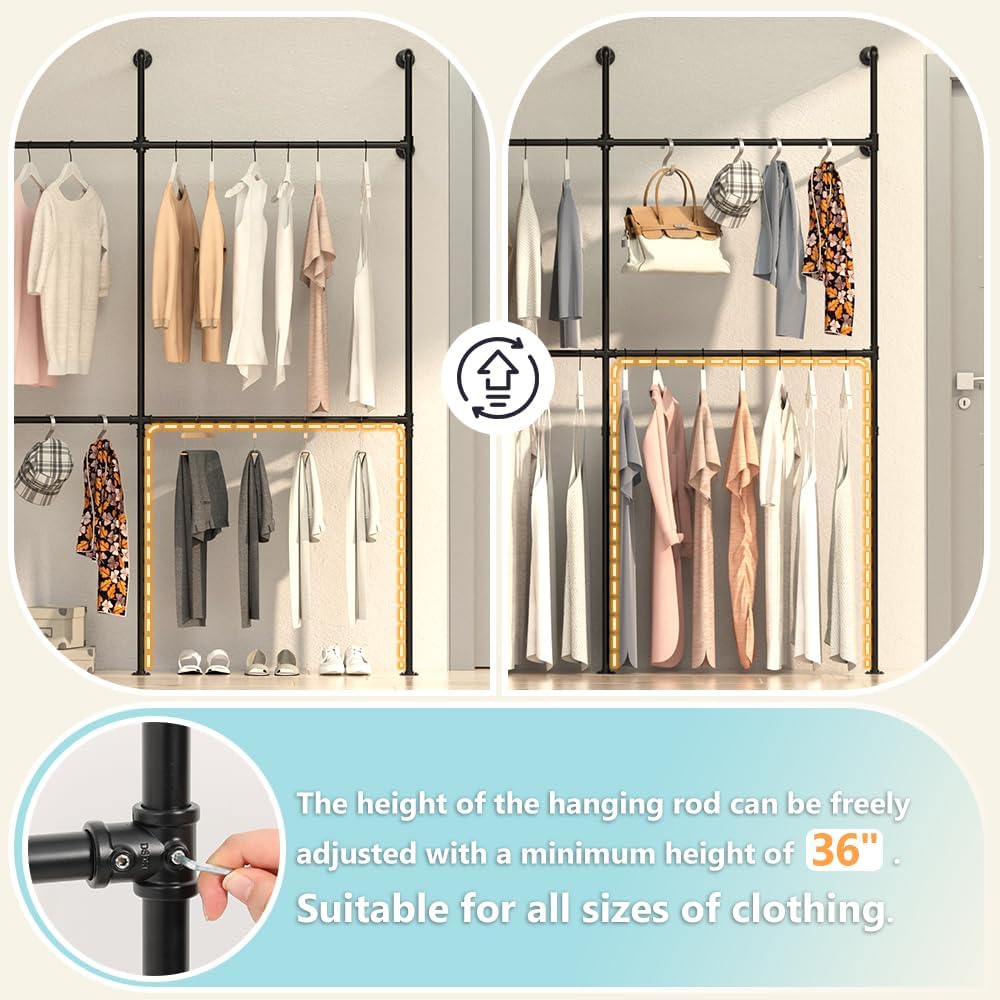 Industrial Pipe Clothing Rack Height Adjustable Garment Rack for Hanging Clothes, Heavy Duty Iron Clothes Rack