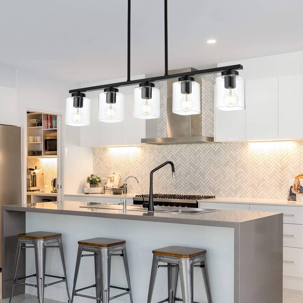 TODOLUZ Black Kitchen Island Pendant Lighting, 5-Lights Farmhouse Hanging Pendant Light Fixtures with Clear Glass Shade for Dining Room Pool Table
