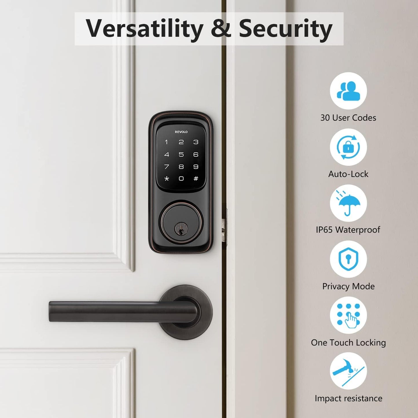 Revolo Keyless Entry Door Lock with Touchscreen Keypads, Electronic Keypad Deadbolt for Front Door, ANSI Grade 2 Certified, All-Metal Construction,